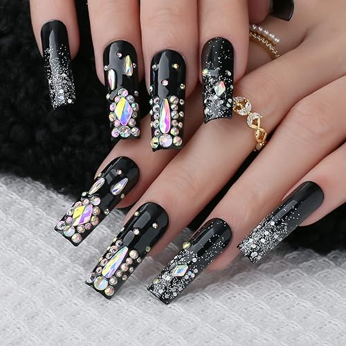 Miniatura 2 de MqpQ Uñas postizas negras a presión, cuadradas largas, con diamantes de imitación de lujo, diseño de purpurina, acabado UV, uñas postizas de