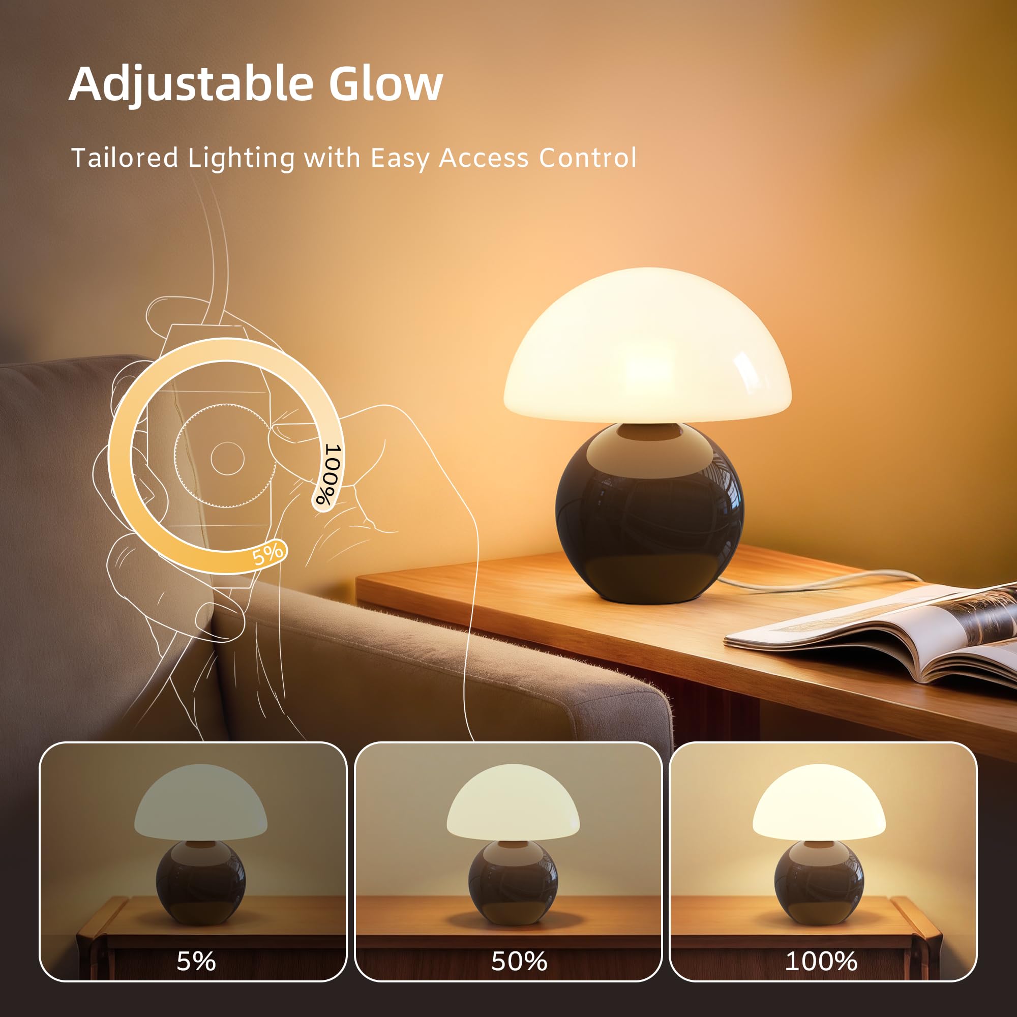 Dawnwake Lámpara de mesita de noche de seta, LED regulable, lámpara de mesa decorativa para salón, dormitorio, lámpara de mesa, lámpara de mesa de comedor, base de cerámica de cristal, pequeña lámpara
