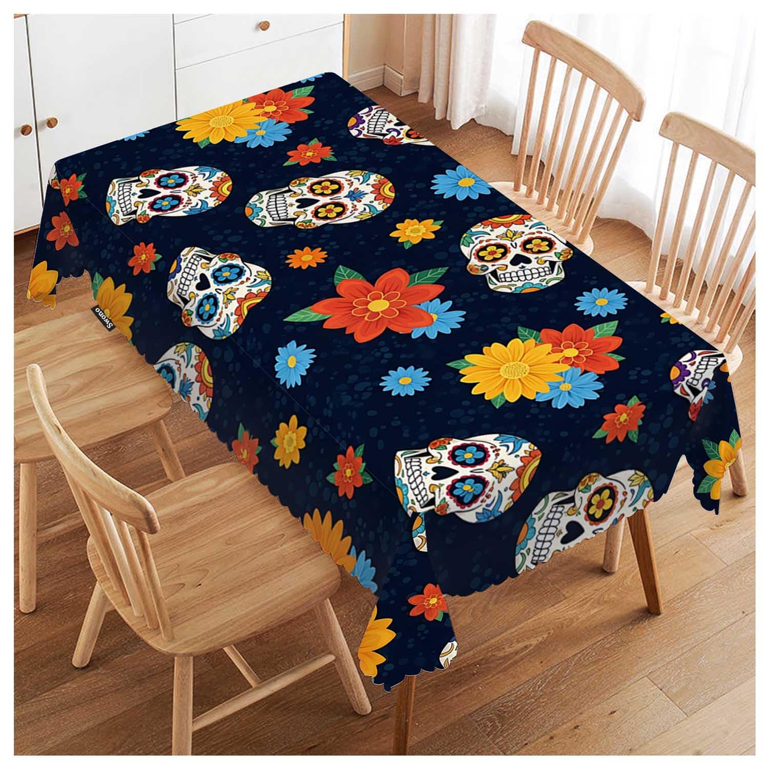 Day of The Dead Table Cloth Rectangle Tables Mexican Sugar Skulls Flowers Kitchen Table Cover Oblong 52"X70" Tablecloth for Dining Table Buffet Parties Patio and Camping