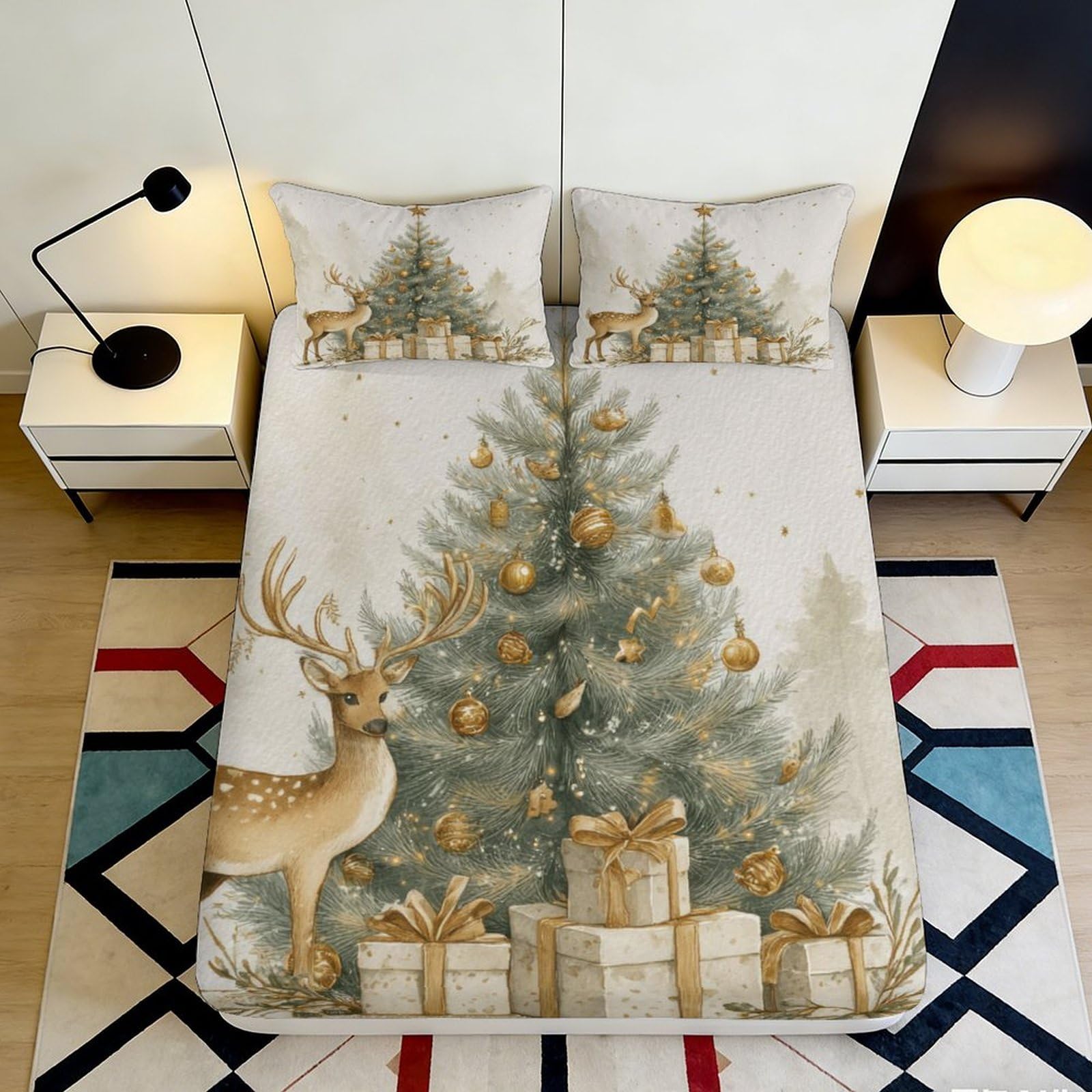 Jqzkxnhpbr Style-3 3D Printed Christmas Tree Fitted Sheet Microfiber Soft Reindeer Bed Cover For Bedroom Guest Room Decor Mattress Protection 90X200x25cm