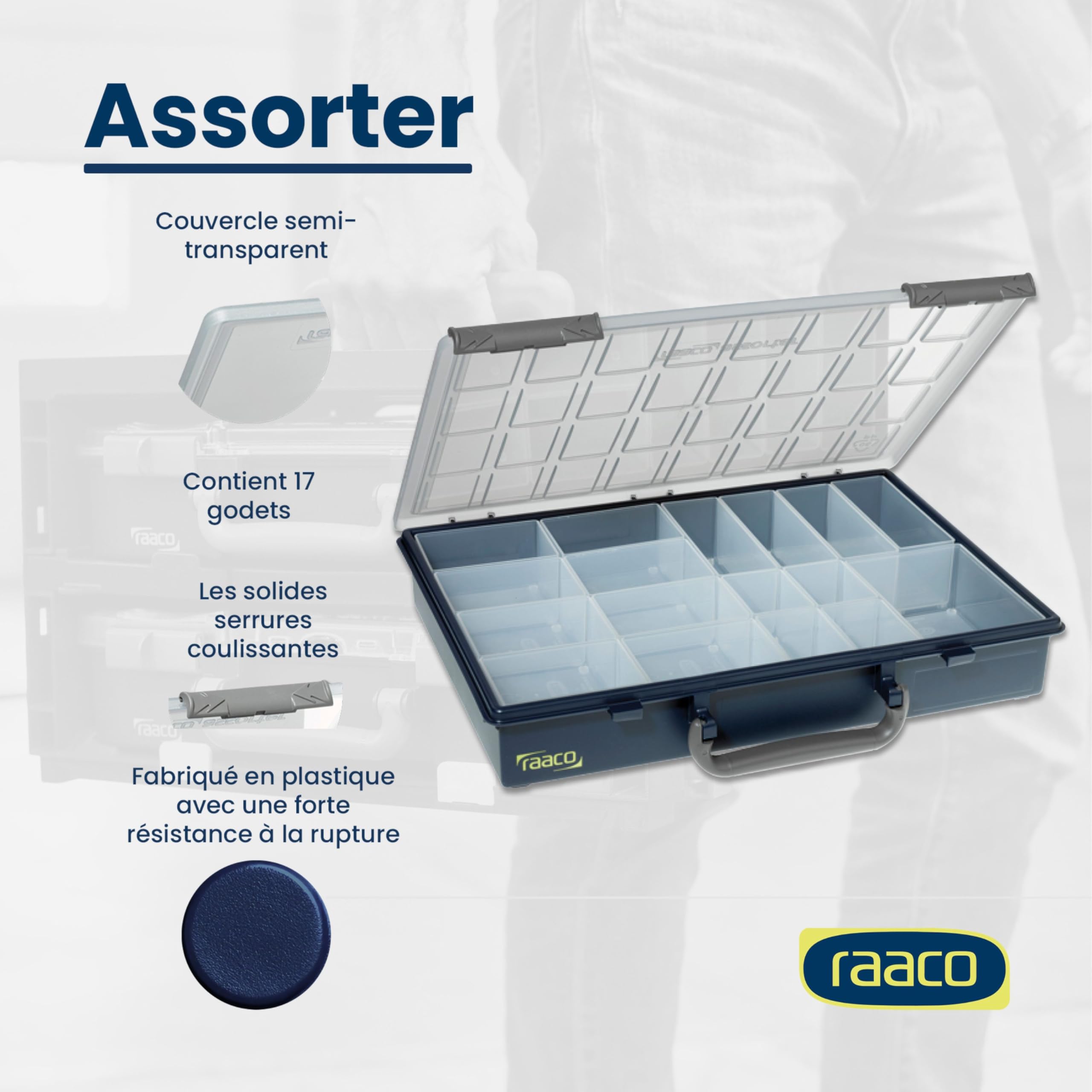 Raaco Assorter 55 4x8-17 boîte de rangement, lot, 26.1 x 33.8 x 5.7 cm | Boîte de Rangement pour Atelier avec 17 Godets, Stockage Sécurisé, Portable, 26.1 x 33.8 x 5.7 cm, Boîte à Outils, accessoire