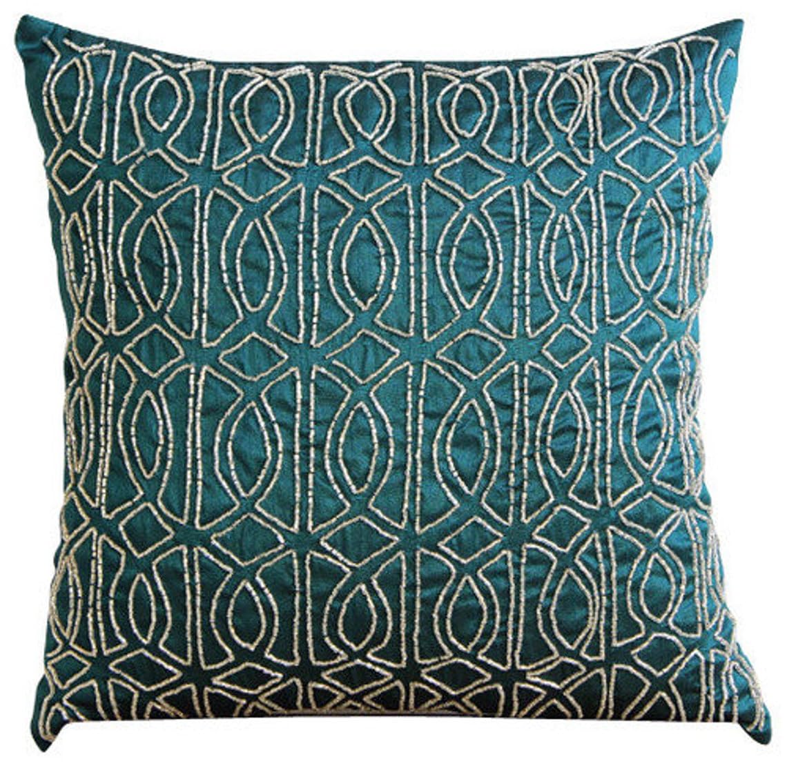 The HomeCentric Royal Peacock Green Cushions Cover Pack of 2, 60x60 cm (24"x24"), Lattice Trellis Cushioncases, Square Throw Silk Pillow Covers for Couch, Geometric - Geometric Royal Peacock Green โ image 1