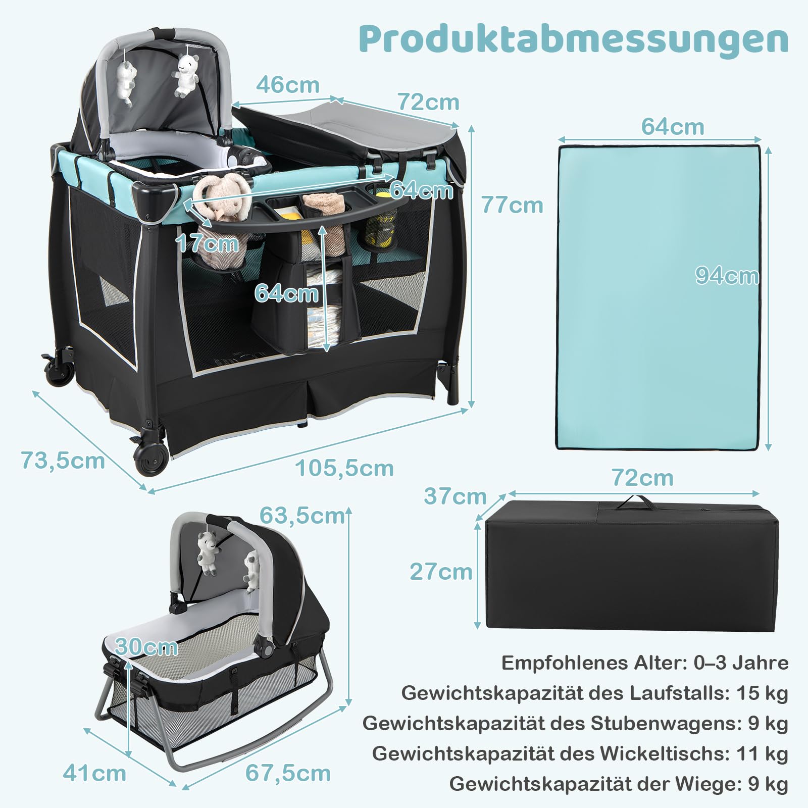 DREAMADE Reisebett mit Matratze,6-in-1 Babybett, Reisegitterbett mit Bassinet, Windelwechsel Tisch, Aufbewahrungstasche, Musikbox, Hängespielzeug, Abschließbare Räder, für 0-36 Monate (Grün)