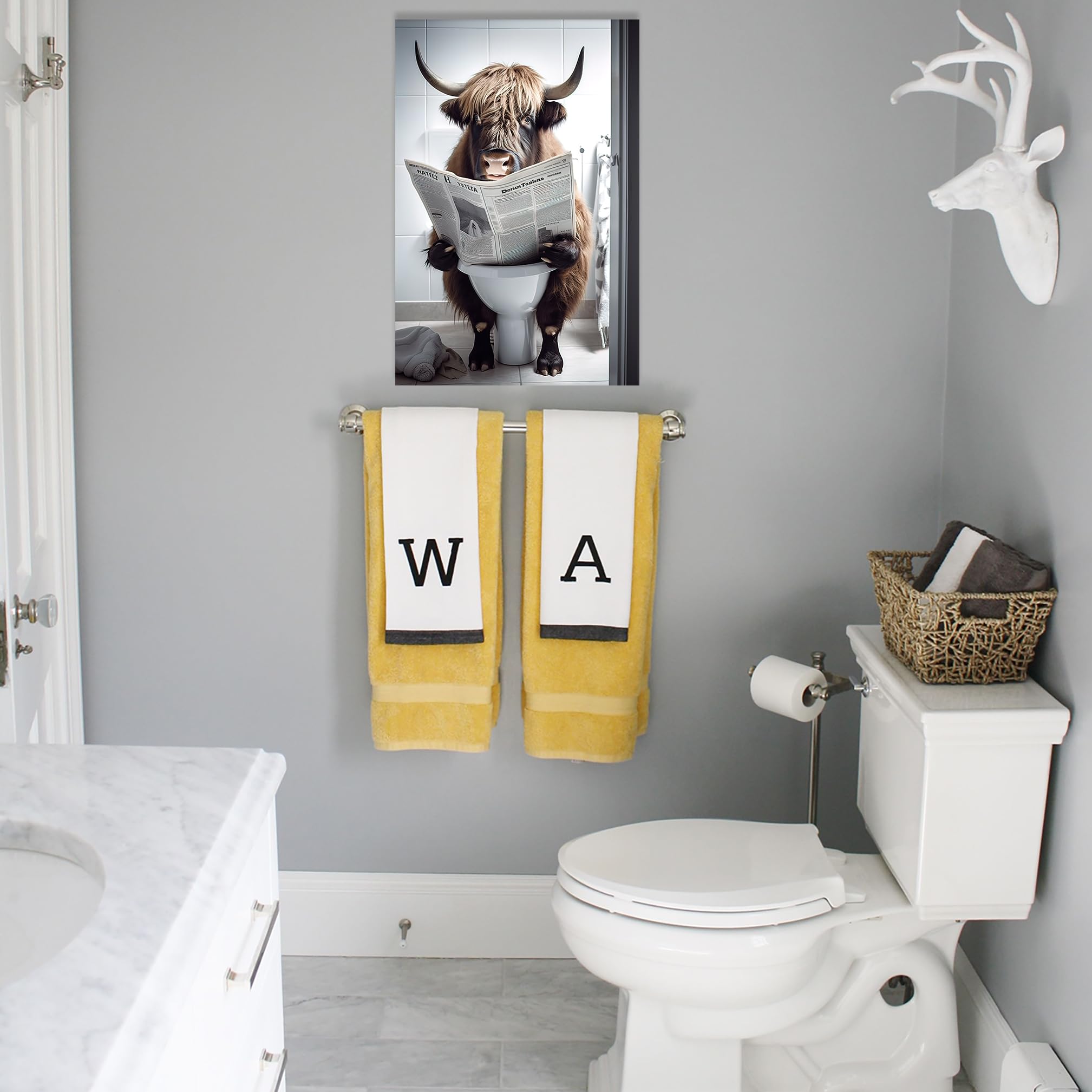 LZIMU Bathroom Highland Cow Wall Art Brown Cattle Sitting on Toilet Reading Newspaper Canvas Prints Funny Animals Posters Home Decor Framed (Bathroom-3 - Image 3