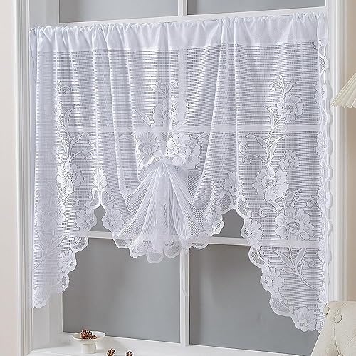 Miniatura 2 de Cortina transparente de encaje de punto floral blanco con cinta, altura ajustable, media cortina de cocina, cenefa de cocina para ventana pequeña,