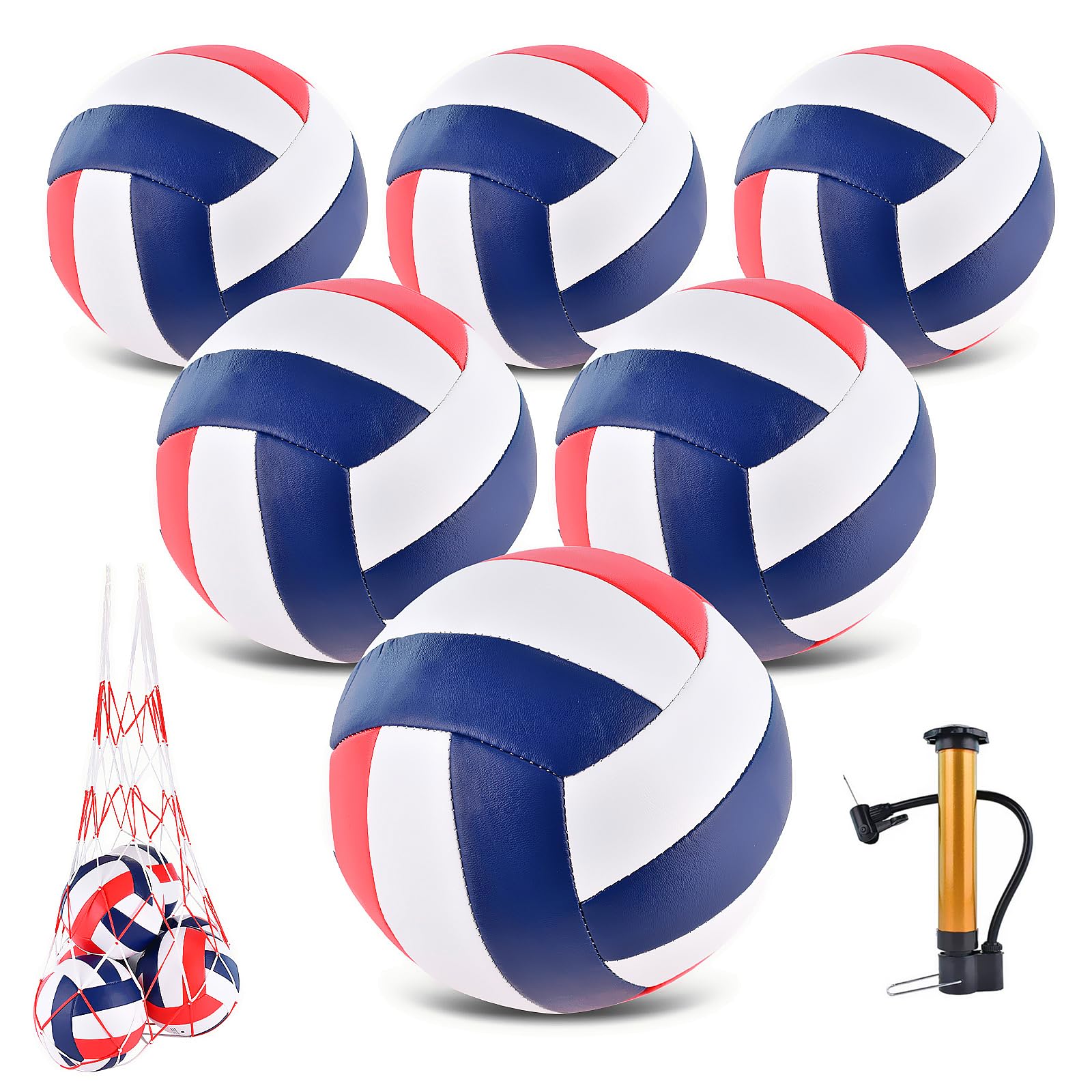 Paquete de 6 pelotas de voleibol, tamaño oficial 5, impermeables, suaves, a granel, con bomba y bolsa de red para interiores y exteriores, playa, piscina, juego de arena, juego de entrenamiento