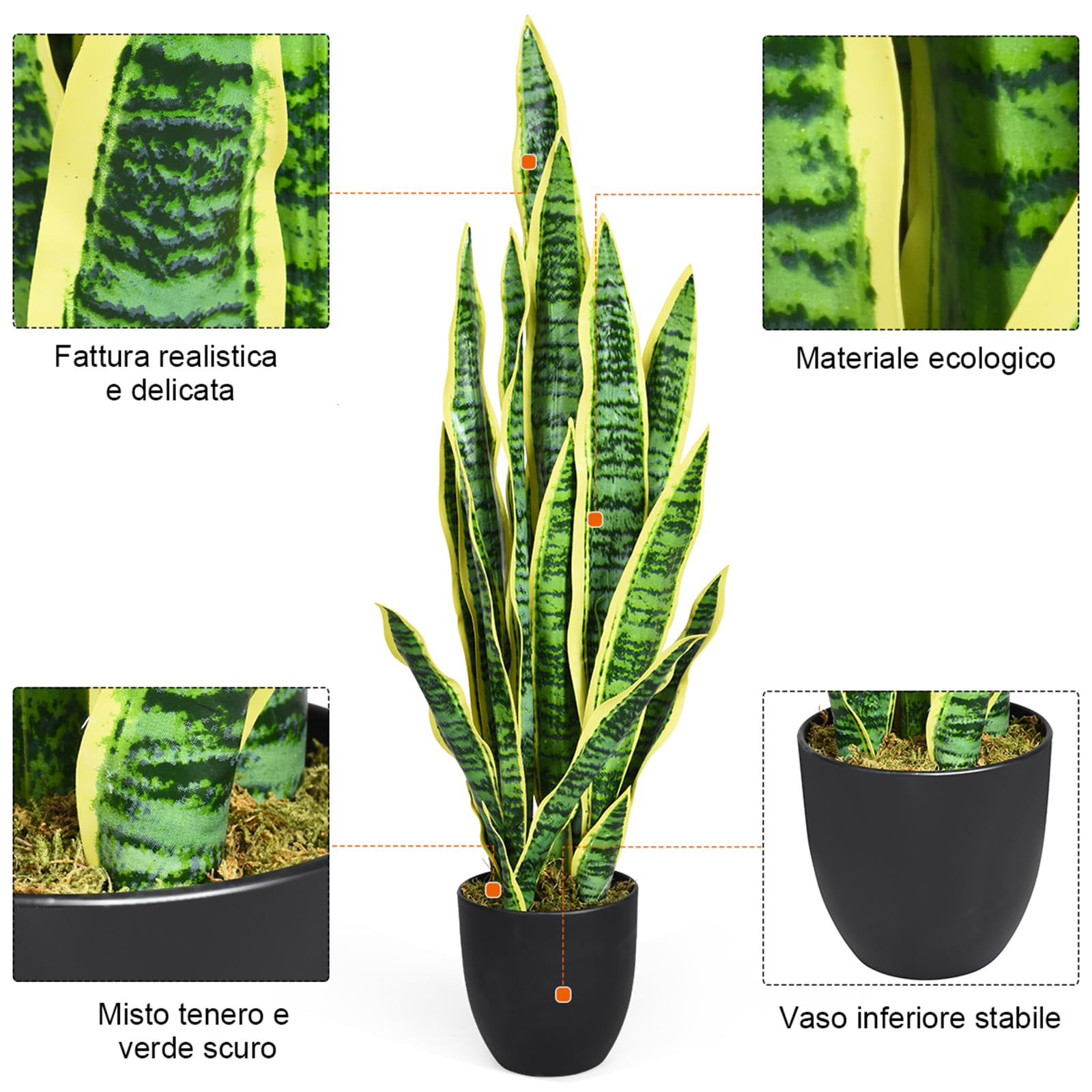 COSTWAY Pianta Artificiale da 90 cm, Sansevieria Finta con 20 Foglie e Vaso, Pianta Artificiale per Salotto, Camera da Letto e Balcone