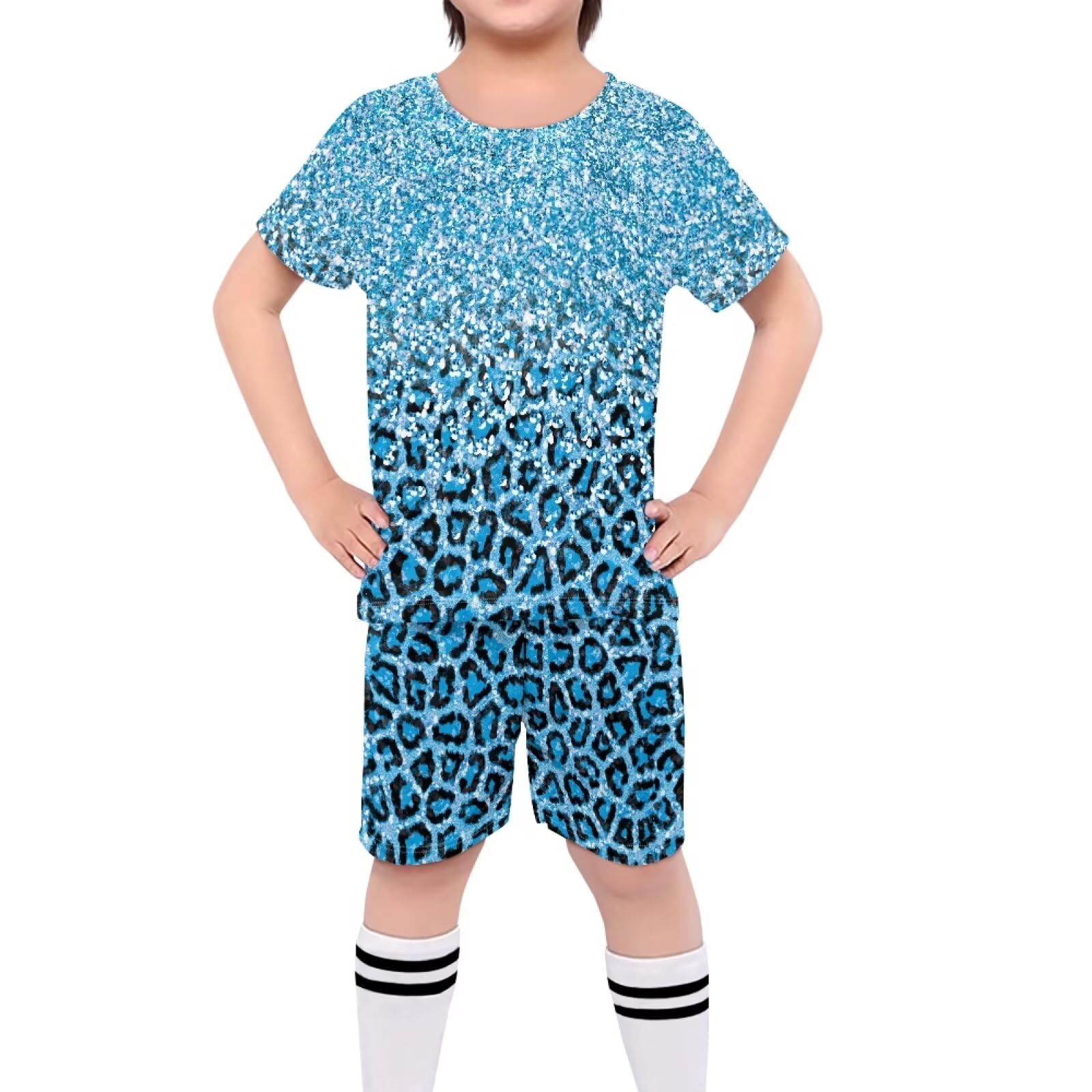 ORGYPET Jersey Soccer Kids Soccer Uniforms for Boys Youthful Vitality Soccer Jersey Youth 2024 Trendy Children's Football Suit Stay Cool Dry During Workouts, Blue Leopard Print, M
