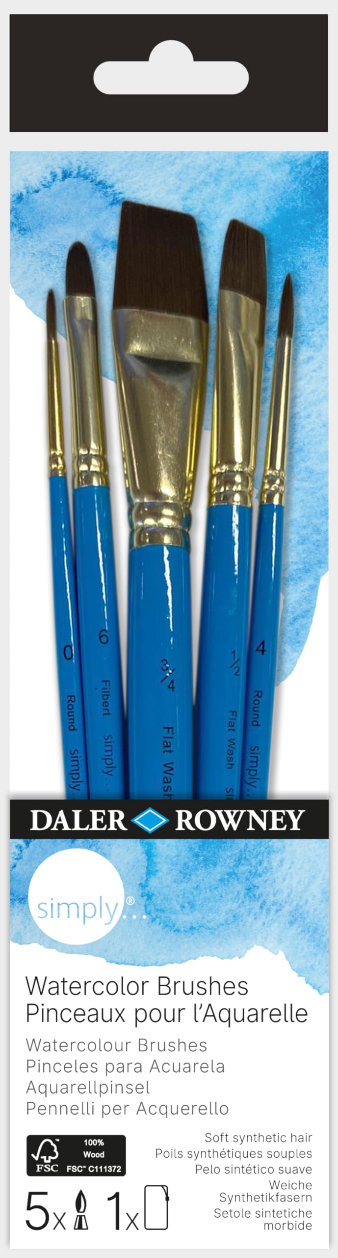 Daler-Rowney Simply Natural Pony Hair Watercolour Brush Set with Short Handles, 5 Assorted Brushes, For Entry-Level Artists & Hobbyists