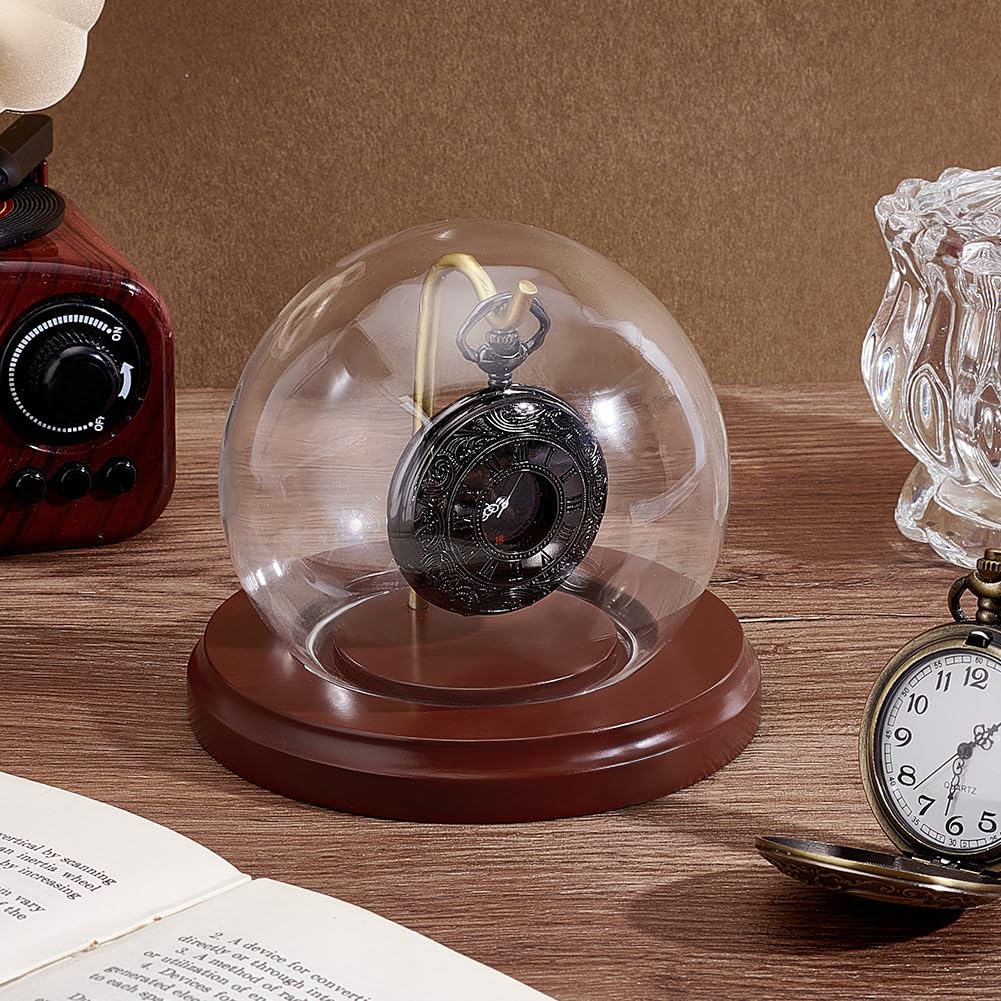 PH PandaHall 9.5x11.3cm Cloche de Présentation pour Montre de Poche, Dôme en Verre avec Base en Bois et Crochet Métallique pour Montres de Poche Médailles Objets Photos Ornements