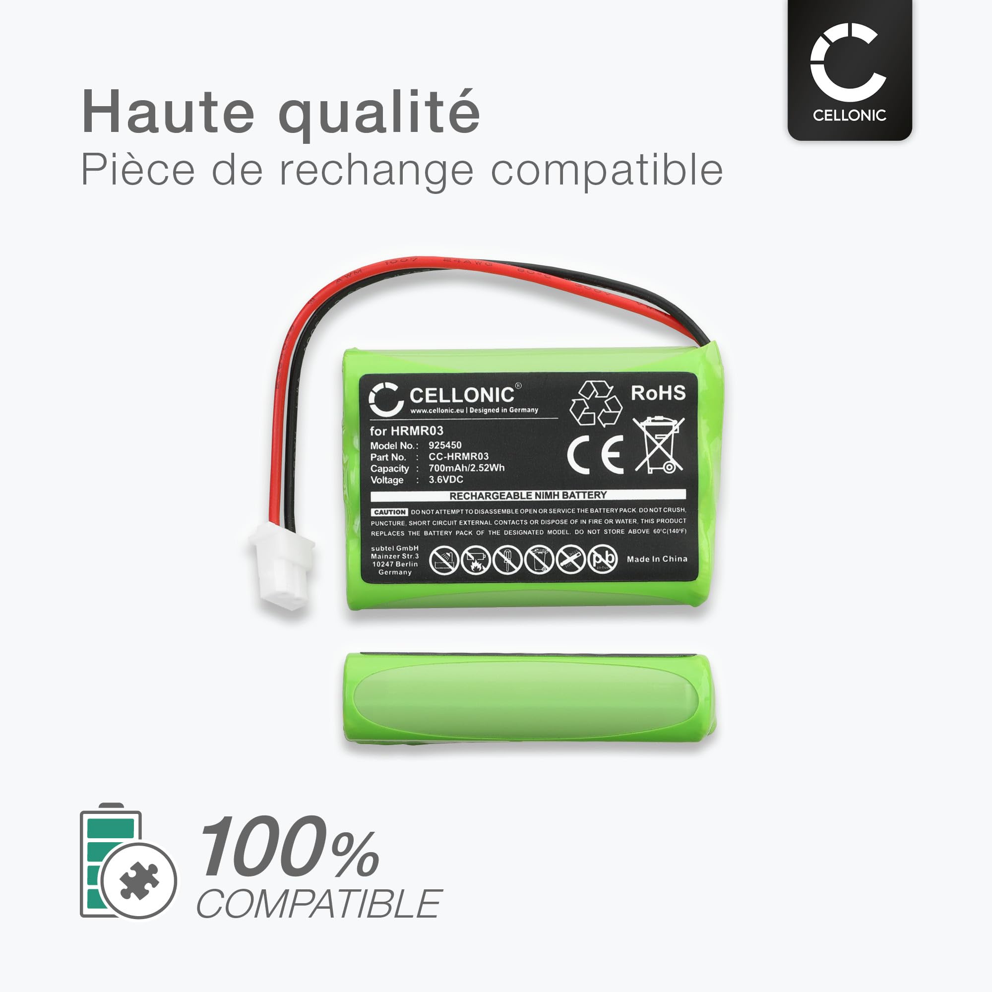 subtel 1x Batterie pour Babyphone Compatible avec Motorola MBP36S, MBP36, MBP482, HRMR03 - (700mAh, 3.6V)