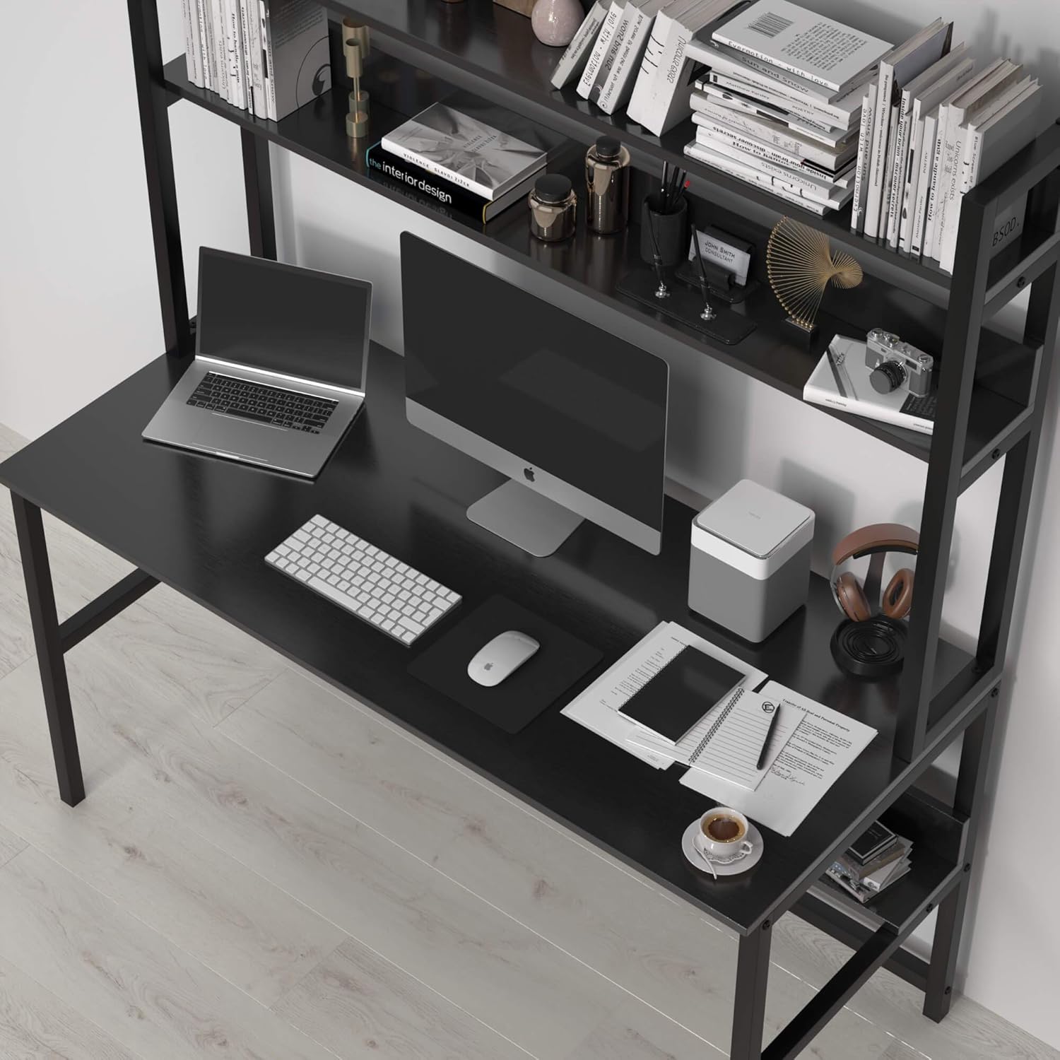 Computer Desk with Hutch and Bookshelf, 47 Inches Black Home Office Desk with Space Saving Design, Metal Legs Table Desk with Upper Storage Shelves for Study Writing/Workstation, Easy Assemble : Home & Kitchen