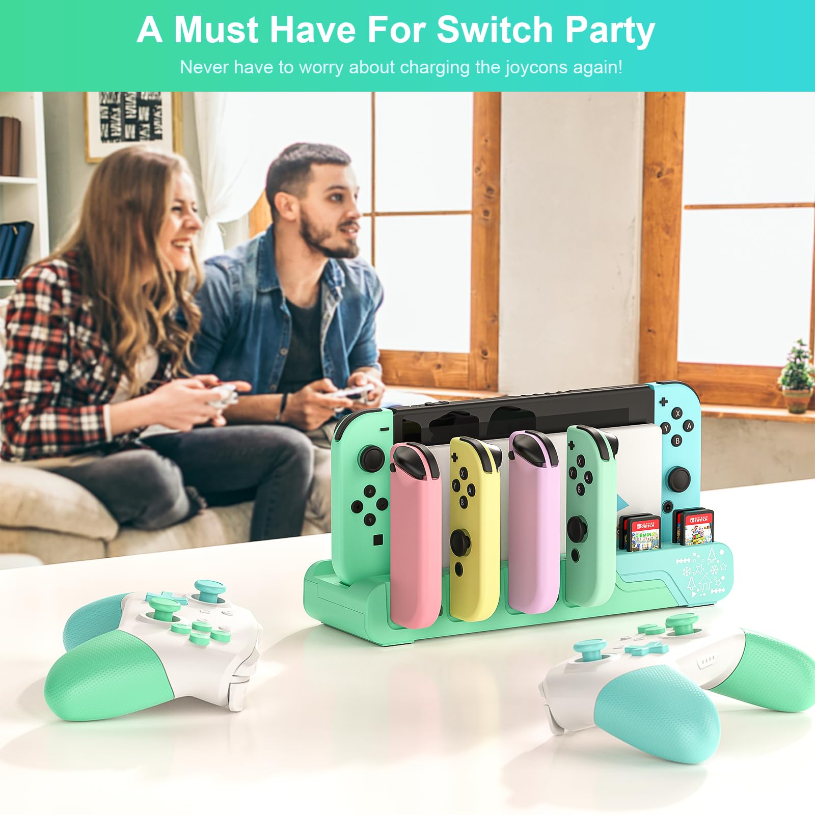 Animal Crossing Edition Switch Controller stacja dokująca do ładowania – ładuje do 6 joyconów, kompatybilny z modelem Nintendo Switch & Switch OLED, złącze USB-C, przechowywanie kart do gier