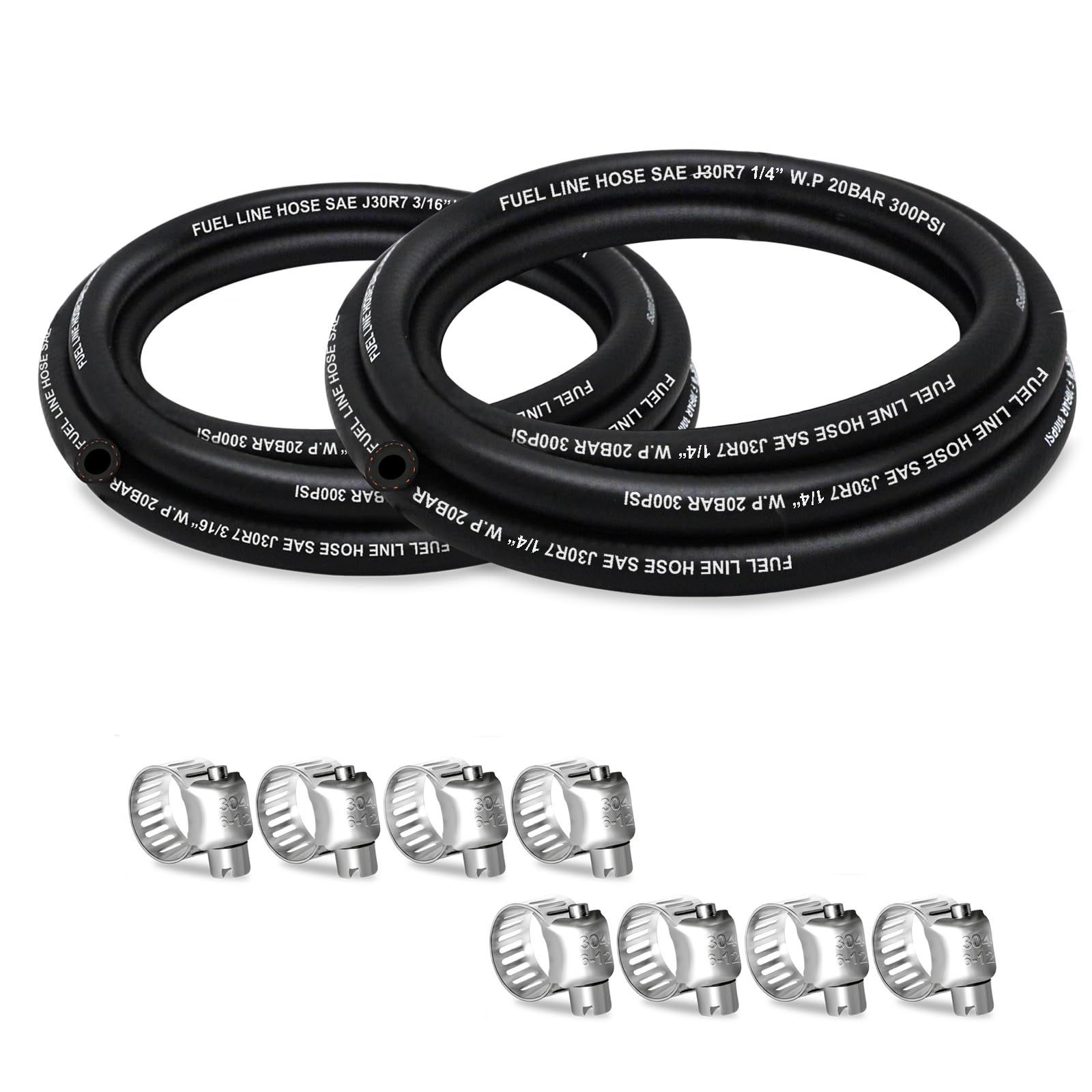 Fuel Line 3/16 1/4 Inch ID, Fuel Hose 5FT 300PSI High-Pressure with 8 Clamps., J30R7 Fuel Line Hose NBR.