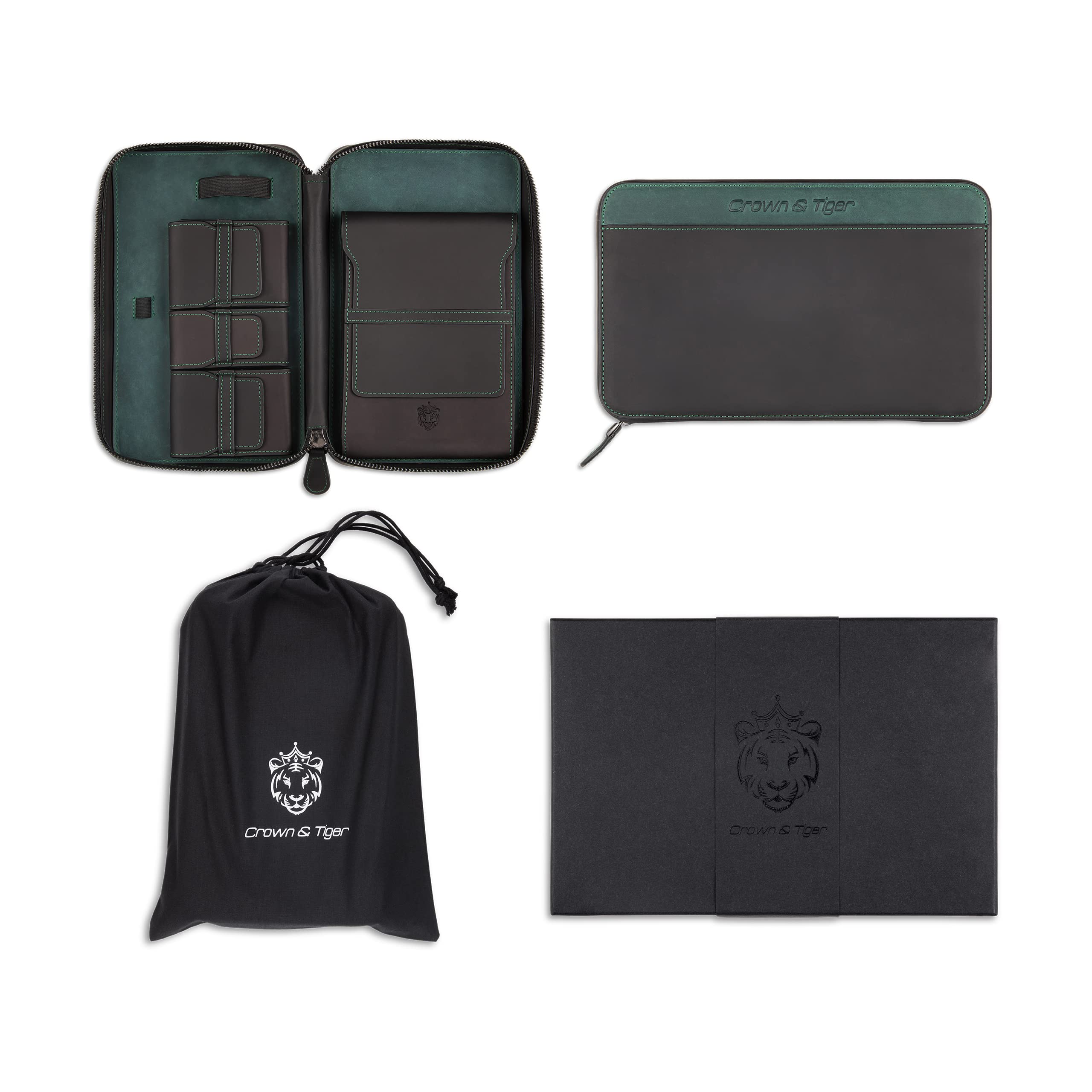 Crown & Tiger Portasigari vera pelle - Custodia da viaggio per sigari - fatta a mano per 5 sigari, penna e portasigari (Green Lantern)