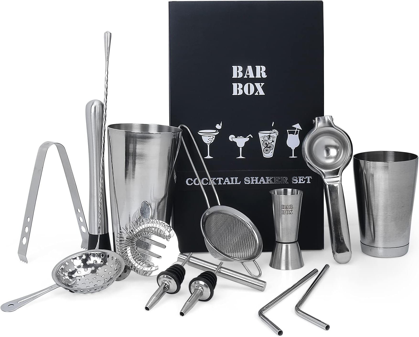 Bar Box 14 Pcs Cocktail Shaker Set, Bartending Kit, Cocktail Shaker Mixer Tools, Accessories for Drinks, Gift for Men, Whiskey Lovers, Dad, Wedding Couples, Birthday, Anniversary, Portable Drink Setup