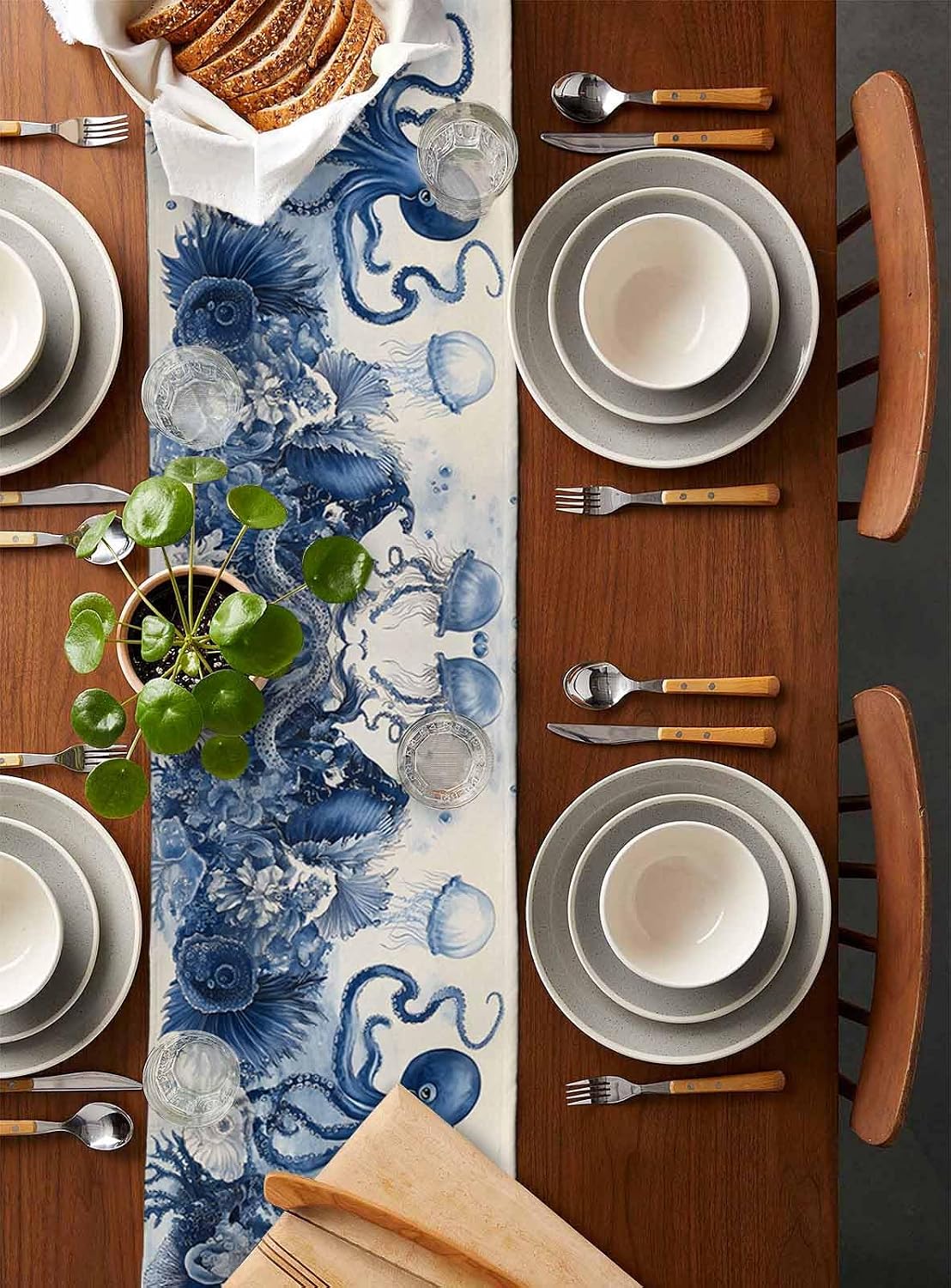 Navy Blue Octopus Table Runner 72 Inches Long for Dining Table Decor, Summer Beach Shell Coral Burlap Linen Farmhouse Coffee Tablerunner Washable Dresser Scarf for Kitchen Party Holiday