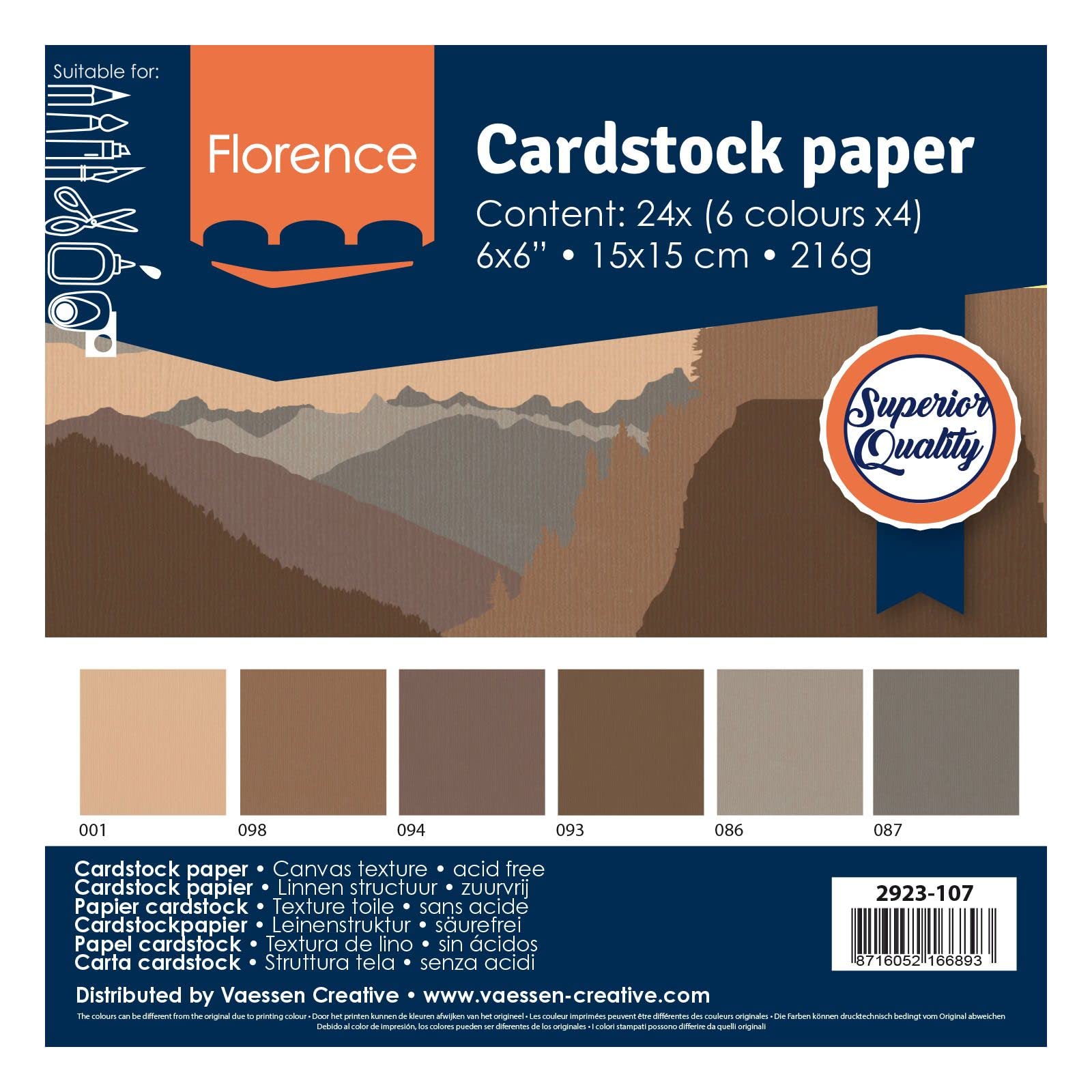 Vaessen Creative Florence Papier do scrapbookingu, 216 g, 6 x 6 x 24 arkuszy, wielokolorowy, brązowy, 15 x 15 x 0,8 cm