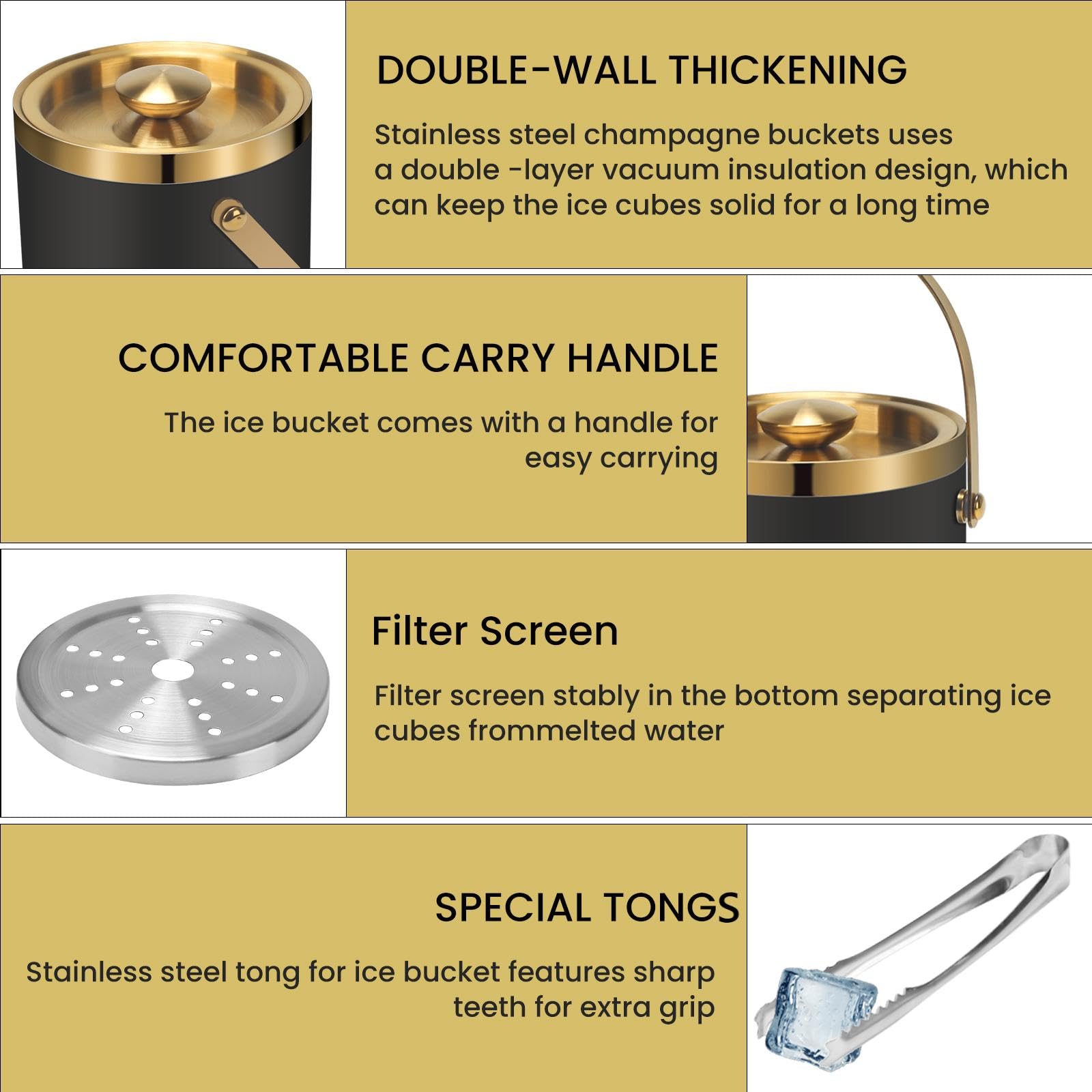 Seau à glace 2 L avec couvercle et pince, double paroi isotherme petit seau à glace | Seau à champagne en acier inoxydable pour fêtes, bars, restaurants, barbecues, noir et doré avec cuillère et passoire