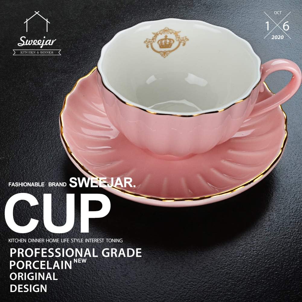 Flash Deals - 40% OFF SWEEJAR Royal Ceramic Tea Cups and Saucers Set, 8 Ounce for Espresso Cups, Cappuccino Cups, Latte Cups - Set of 4(Young Pink)