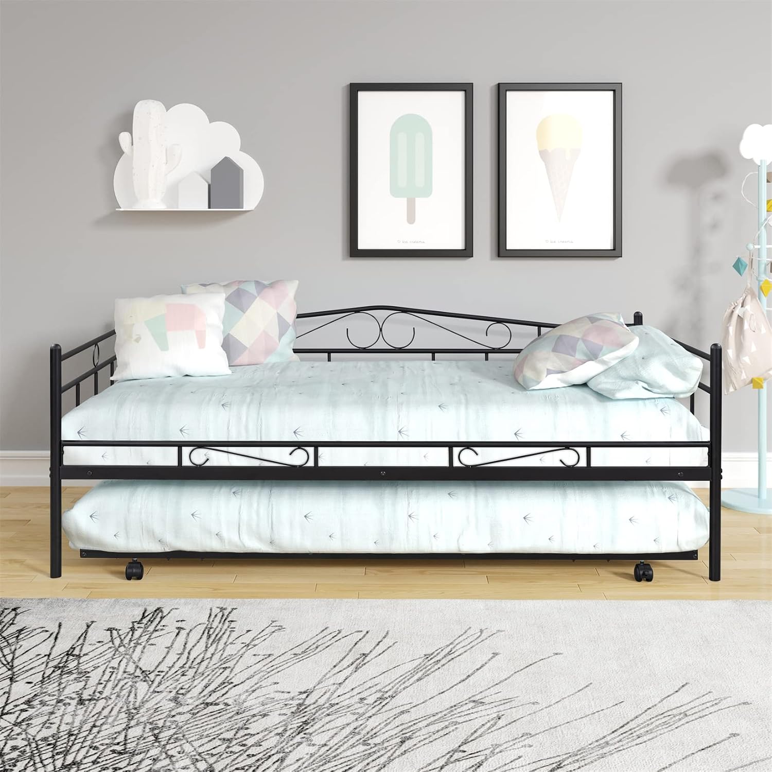 Bellemave Metal Twin Size Daybed Frame with Trundle,Twin Size Montessori Bed with Slats and Fence,Metal Platform Bed,Low Profile Design,Black