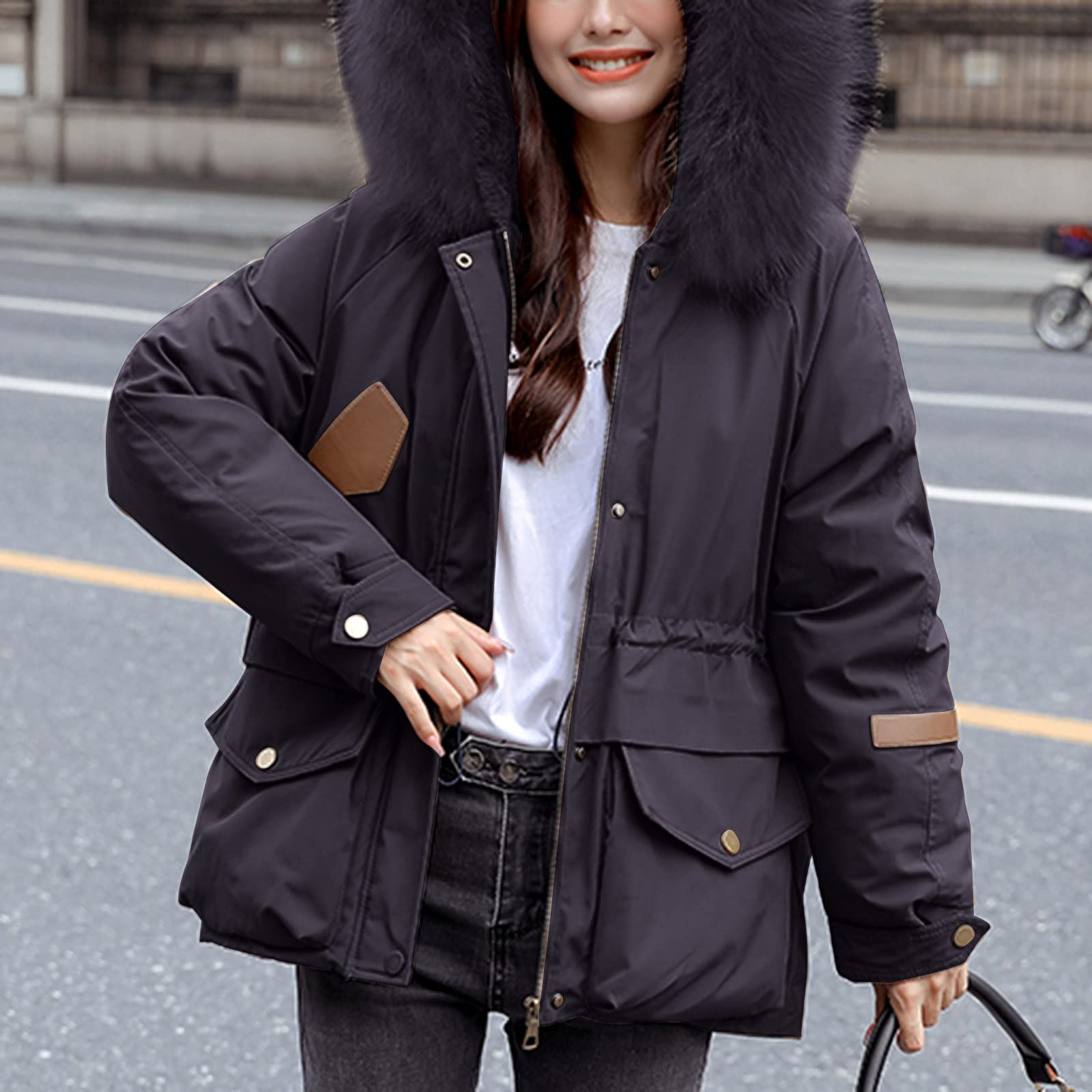 Chaqueta de invierno para mujer, moderna, cálida, acolchada, cortavientos, de piel sintética, parka con capucha, bolsillo corto, parka para exteriores, cortavientos, M - XXL