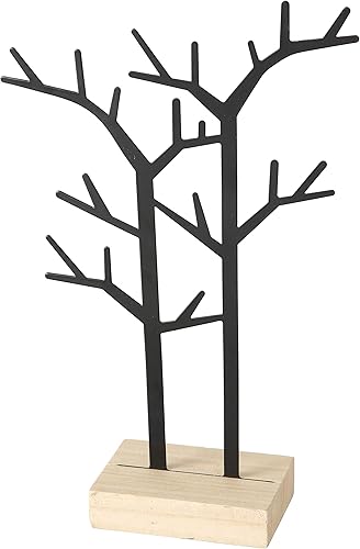 WHW Whole House Worlds Organizador de joyas del árbol de la vida, ramas de metal negro, base de galería de madera, parte superior del aparador,
