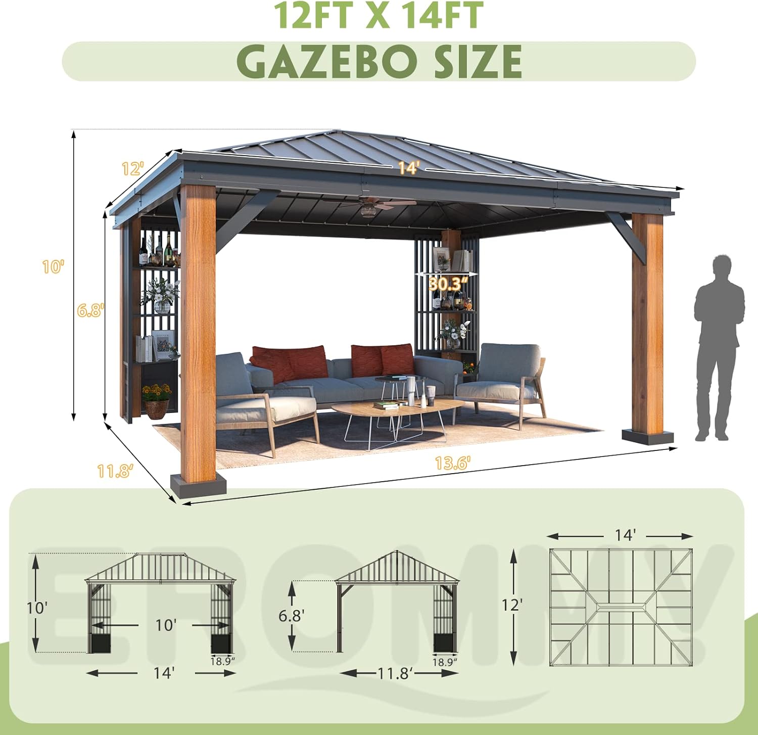 Diagram showing the dimensions of the 12ft x 14ft gazebo
