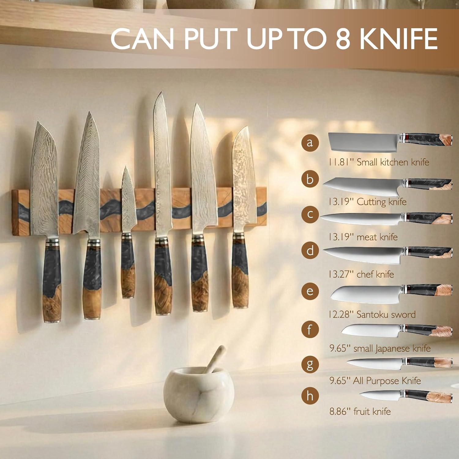 Wooden Magnetic Knife Holder with Black Resin for Wall, Wall Mounted Farmhouse Bar Kitchen Knives Organizer, Untensil Bar Storage and Spice Rack, 16 Inch