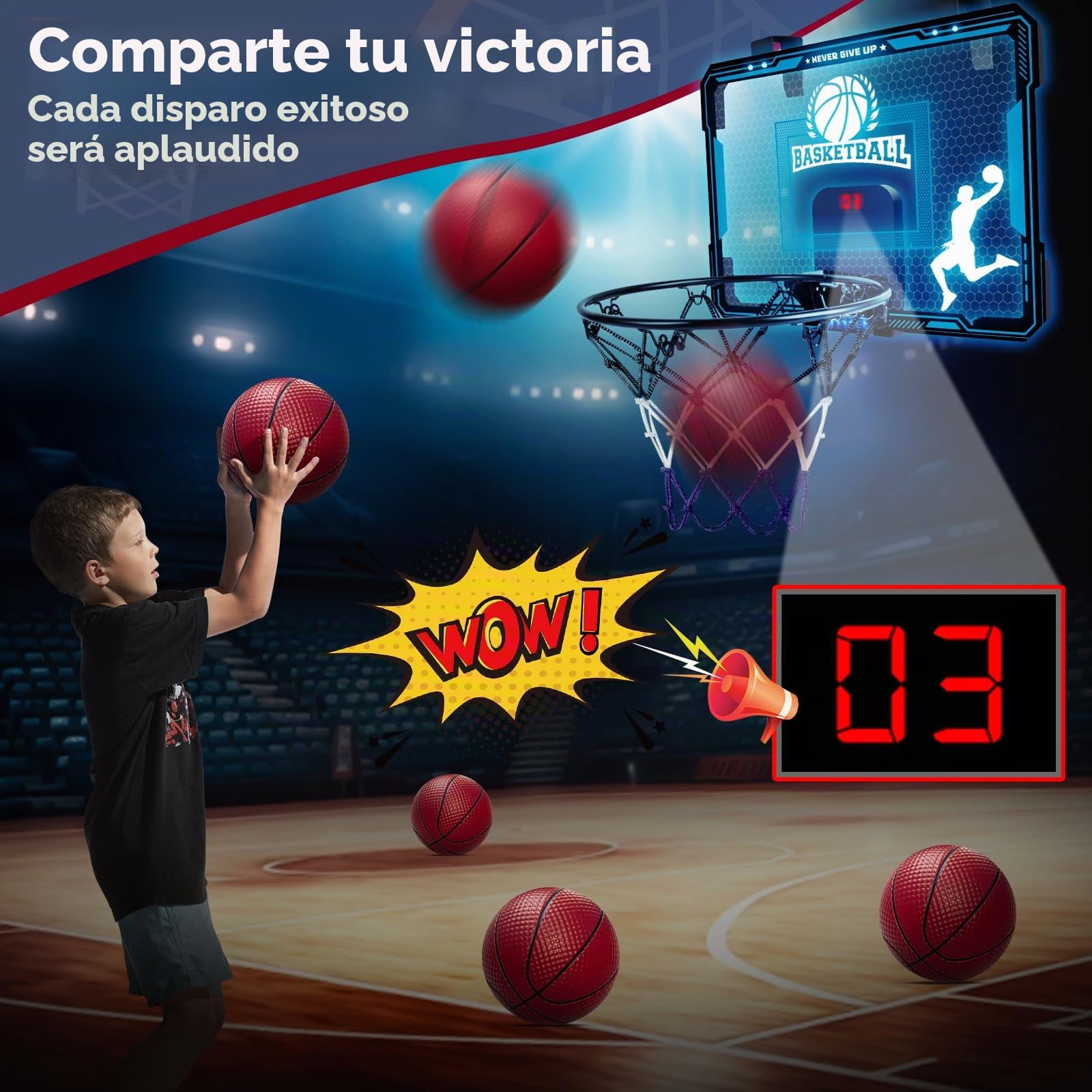 BuzzoXerex Canasta Baloncesto Infantil de Interior, Mini Canasta Baloncesto Habitacion Pared con Mandos a Distancia, Puntuación Automática, 7 Colores LED, Basketball Hoop Regalos para Niños Niñas