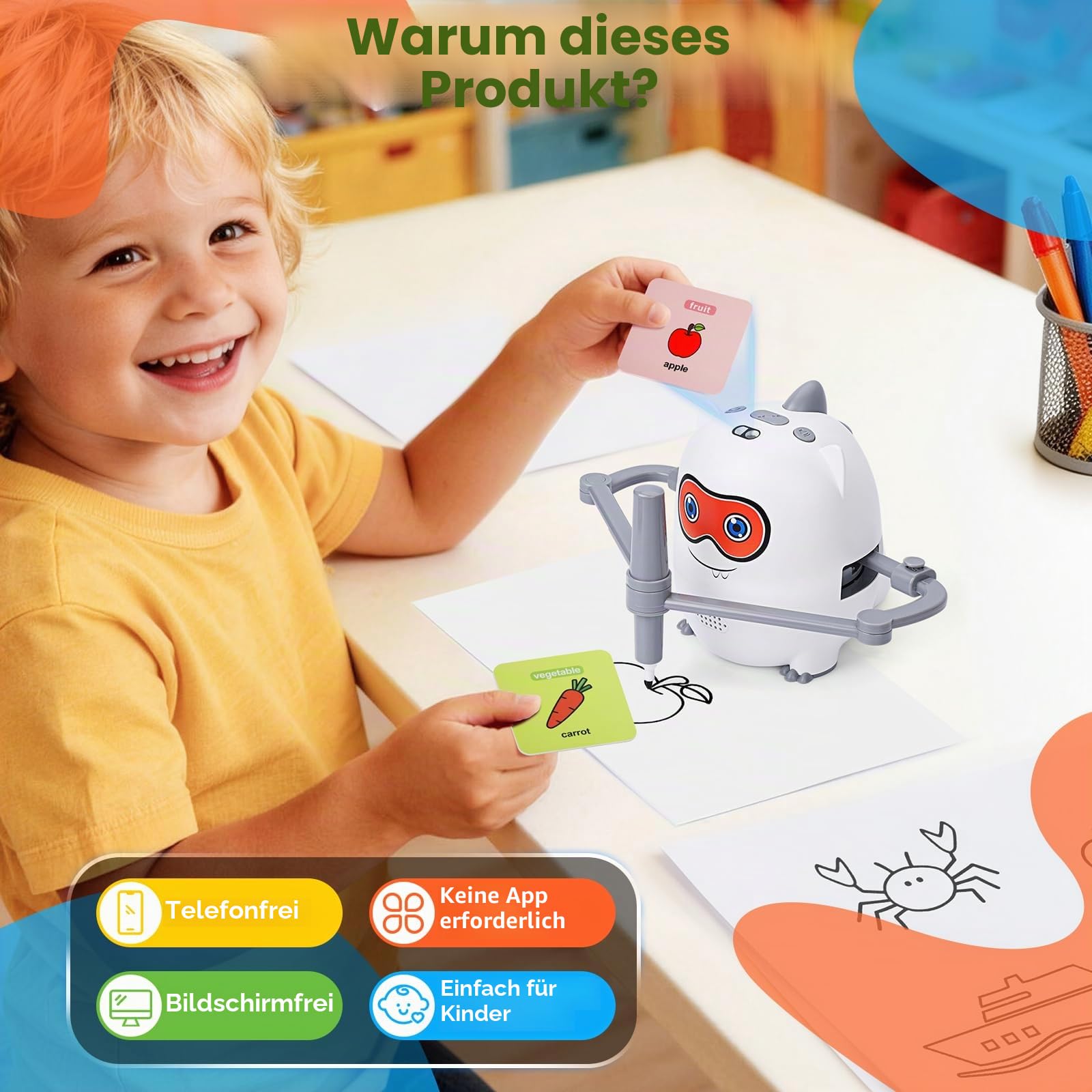 Malroboter für Kinder Zeichenroboter mit Stift & 200 Karten QR Code Scan Drawing Robot Lernspielzeug Mal Roboter Wiederaufladbar für Jungen Mädchen Weihnachten Geburtstag Geschenk