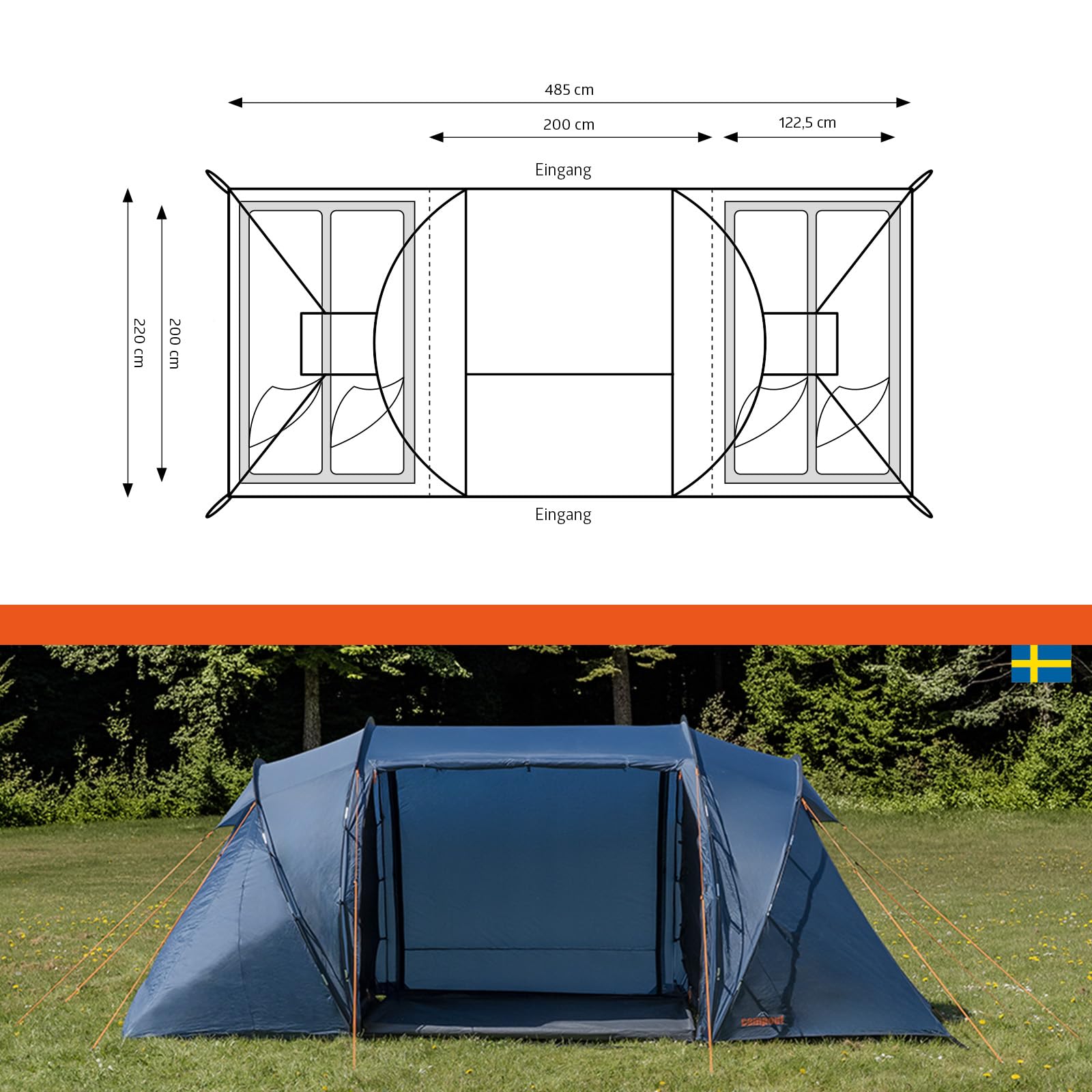 Campout 4-Personen Vis-à-Vis Kuppelzelt – 2 Schlafkabinen – 5000 mm Wassersäule – Wohnbereich – Aufbauzeit 15 Min – inkl. Vordachstangen, Heringen & Tragetasche