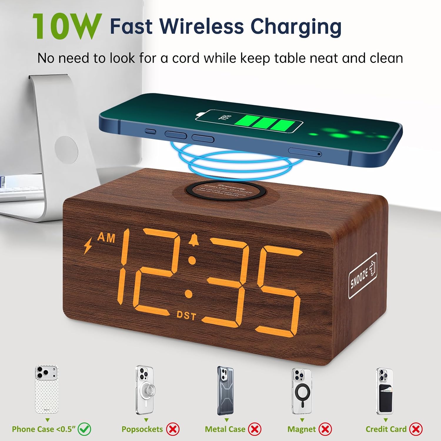  Wooden Digital Alarm Clock with Wireless Charging for Bedroom thumbnail