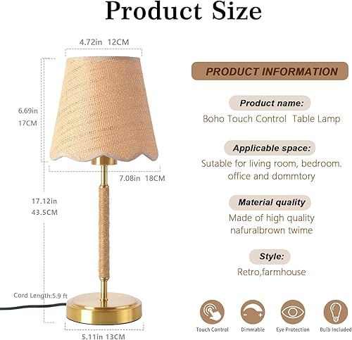 Miniatura 2 de Lámpara de mesa bohemia para dormitorio, lámpara de mesa de noche con control táctil con base dorada de latón, lámpara de mesa pequeña de ratán para