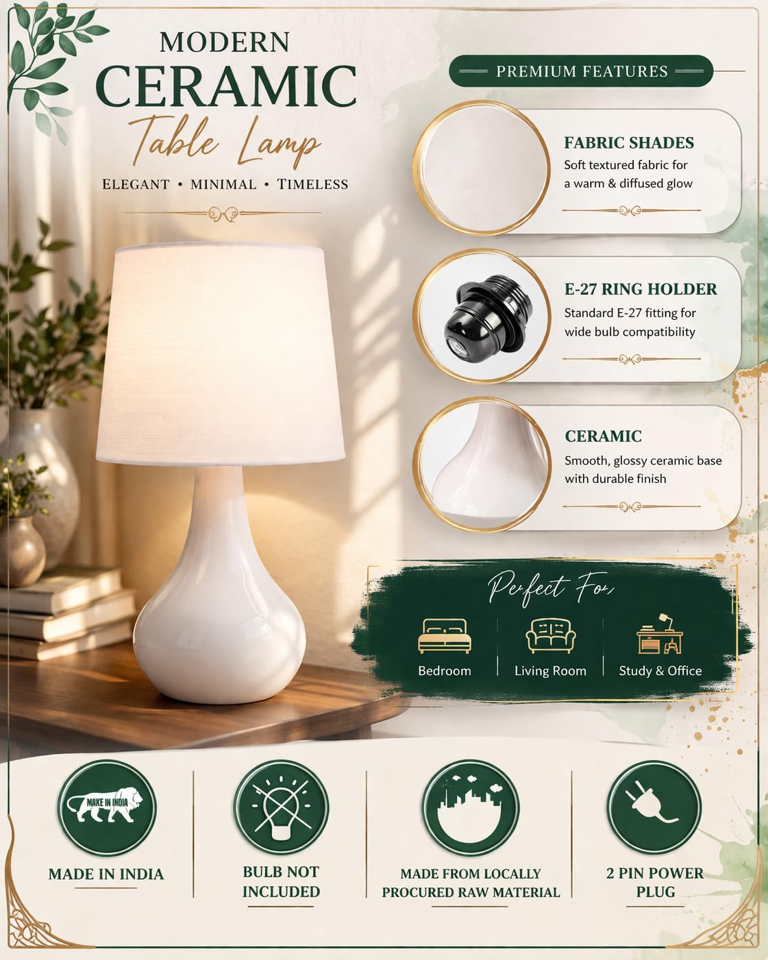 Homesake® Modern Small Ceramic Table Lamp, Warm Light Classic Bedside Desk Lamp for Living Room Bedroom Dining, Restaurant, Farmhouse Nightstand Study Lamps with Fabric Shade (White) 4