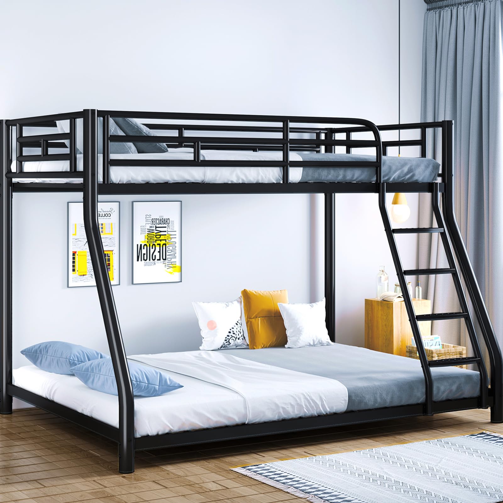 KAIFAM Metal Bunk Bed, Full Size Bed Frame for Adults, Twin Over Full Bunk Bed with Safety Guardrail and Ladder, Trundle Bed Twin, No Box Spring Needed, Noise Free for Apartment, Bedroom (Black)-image-8