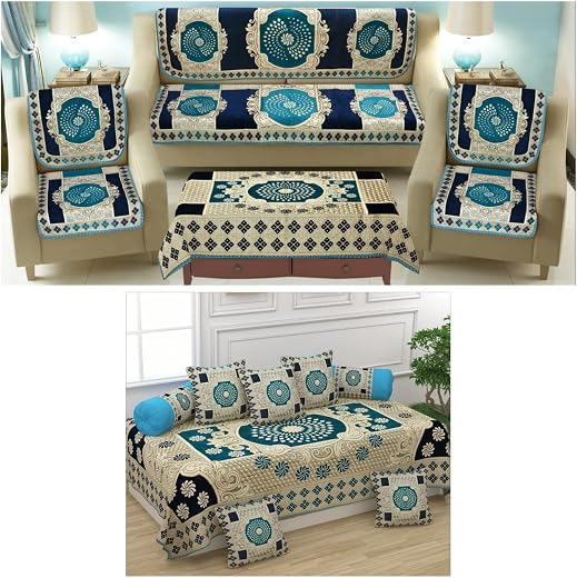 SAWNA HOMES Heavy 5 Seater Printed Sofa Cover Set 3,1,1 Seater with Diwan Bedsheet, 5 Cushion Covers, 2 Bolster Covers, Co...