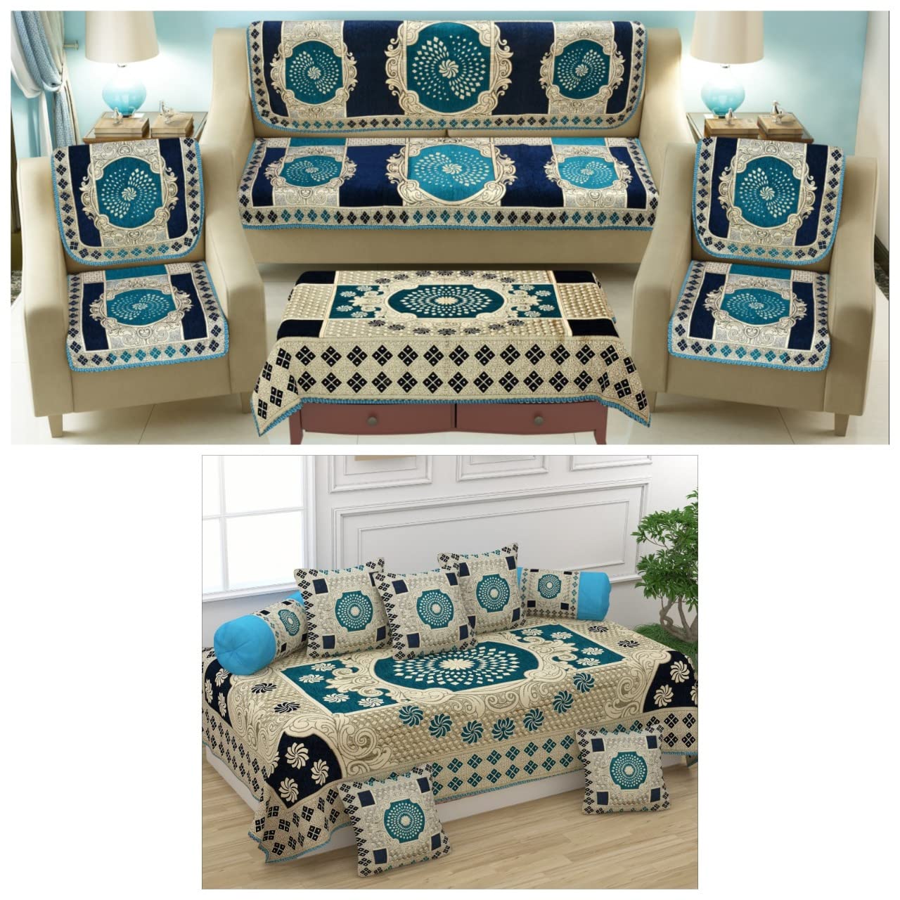 SAWNA HOMES Heavy 5 Seater Printed Sofa Cover Set 3,1,1 Seater with Diwan Bedsheet, 5 Cushion Covers, 2 Bolster Covers, Co...