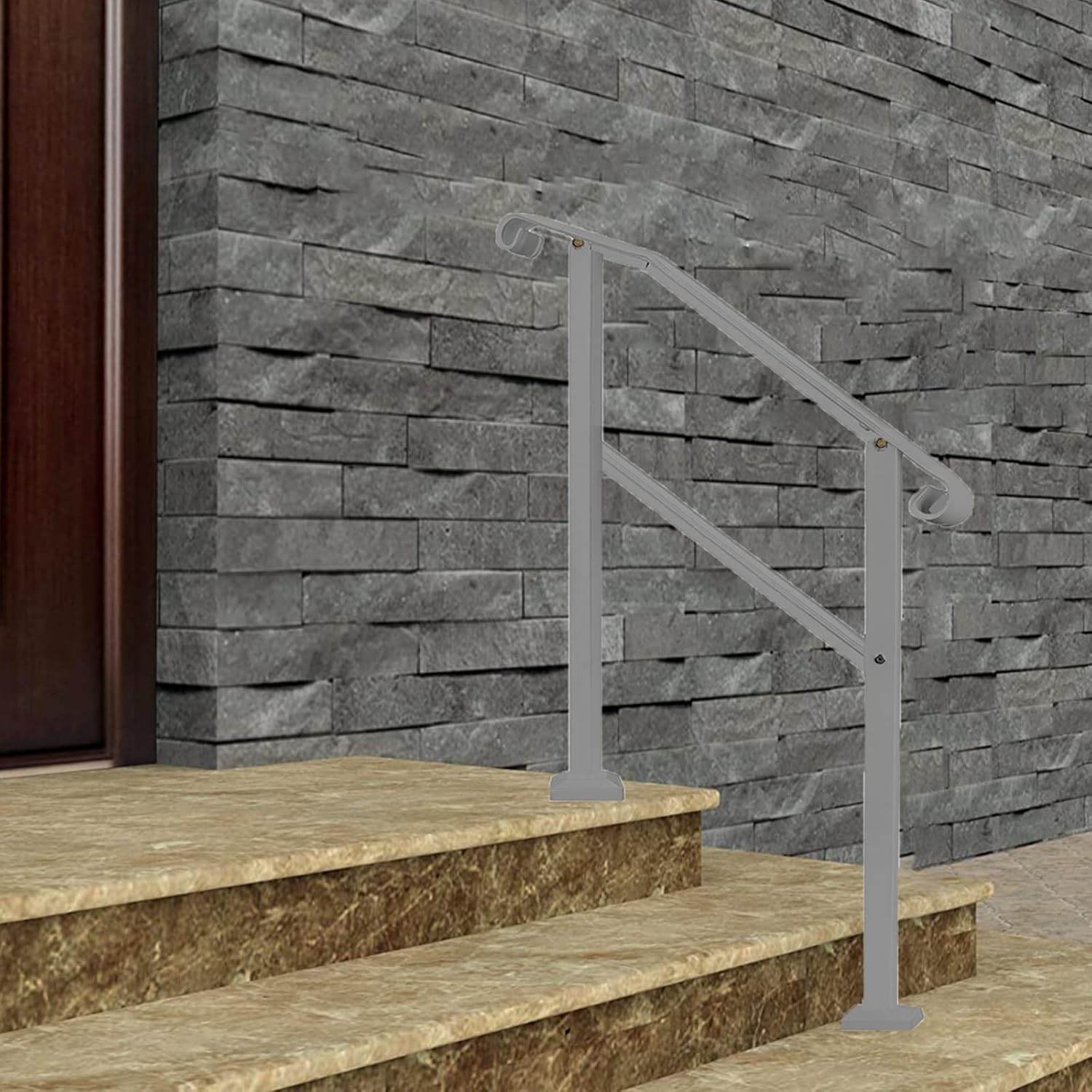 Handrails for Outdoor Steps,3 Step Handrail Fits 1 to 3 Steps Mattle Wrought Iron Handrail Stair Rail，Transitional Handrail with Installation Kit for Concrete Steps or Wooden Stairs - - 