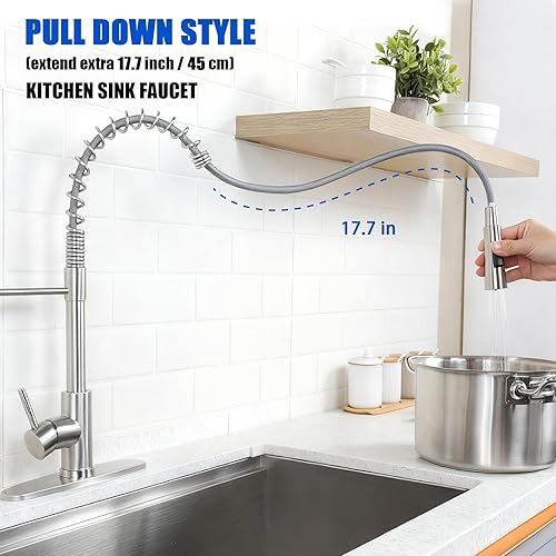 Miniatura 3 de KINGO HOME Grifo de fregadero de cocina con rociador extraíble, grifo de barra de acero inoxidable de níquel cepillado de una sola manija, grifos