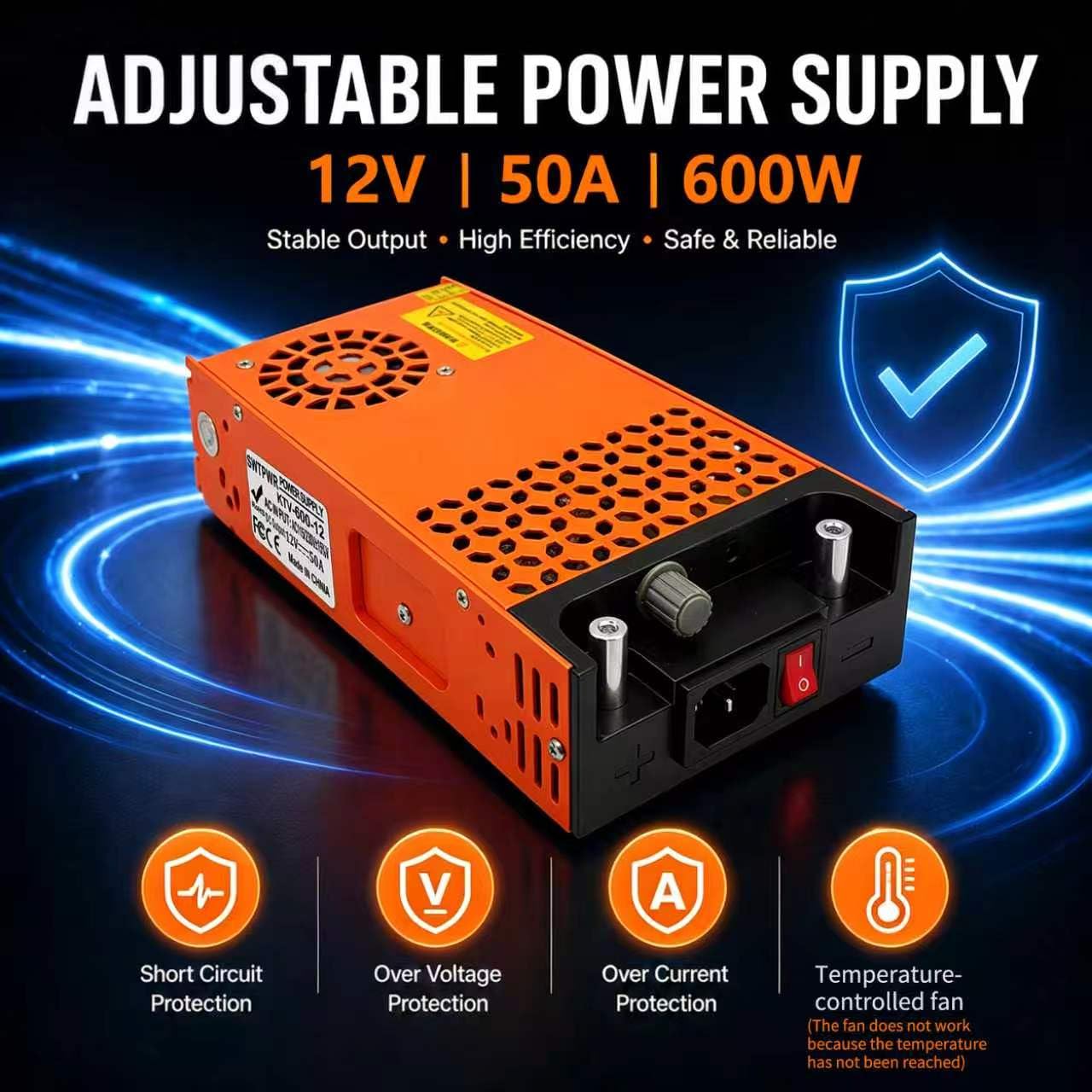 Upgraded AC to DC 12 V 50 A 600 W Alimentatore di rete da 230 V AC a DC, trasformatore industriale per striscia luminosa a LED, CCTV, radio SMPS (12 V 50 A 600 W)
