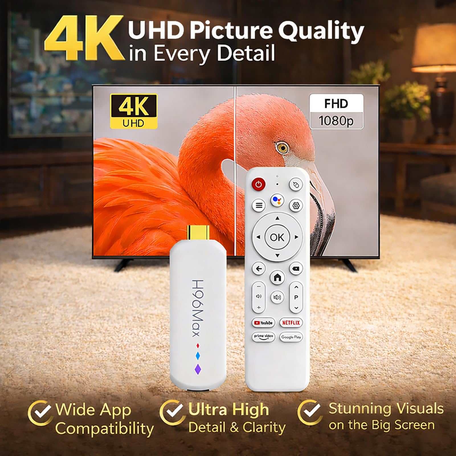 TV Box 4K, Dispositivo de transmisión Ultra HD, Stick de TV portátil con control de voz, WiFi de doble banda, acceso a aplicaciones populares, para el hogar