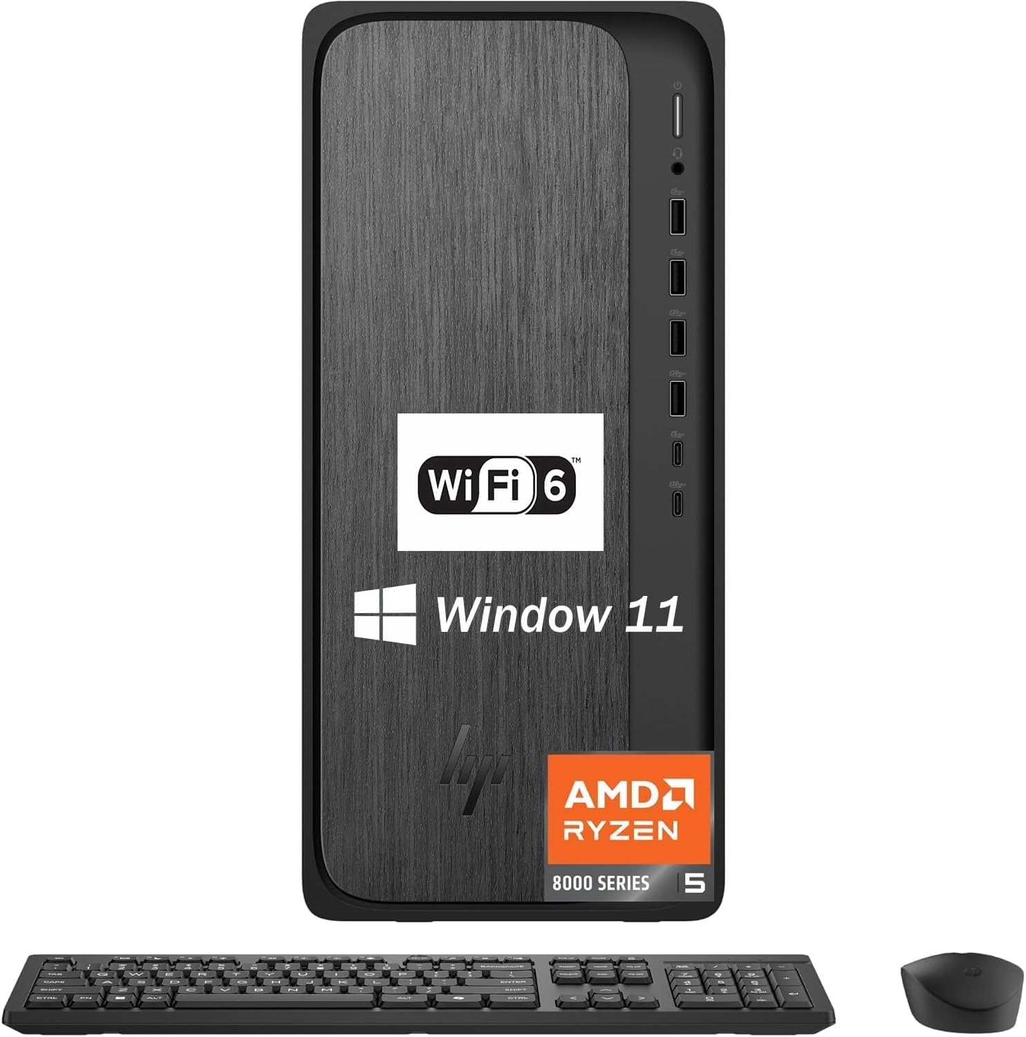 HP OmniDesk Tower Desktop Computer • 8-core AMD Ryzen 5 8500G Processor • 16GB DDR5 • 1TB Storage (512GB SSD + 512GB External) • HDMI + DP • Wi-Fi 6 • Wireless Keyboard & Mouse • Windows 11