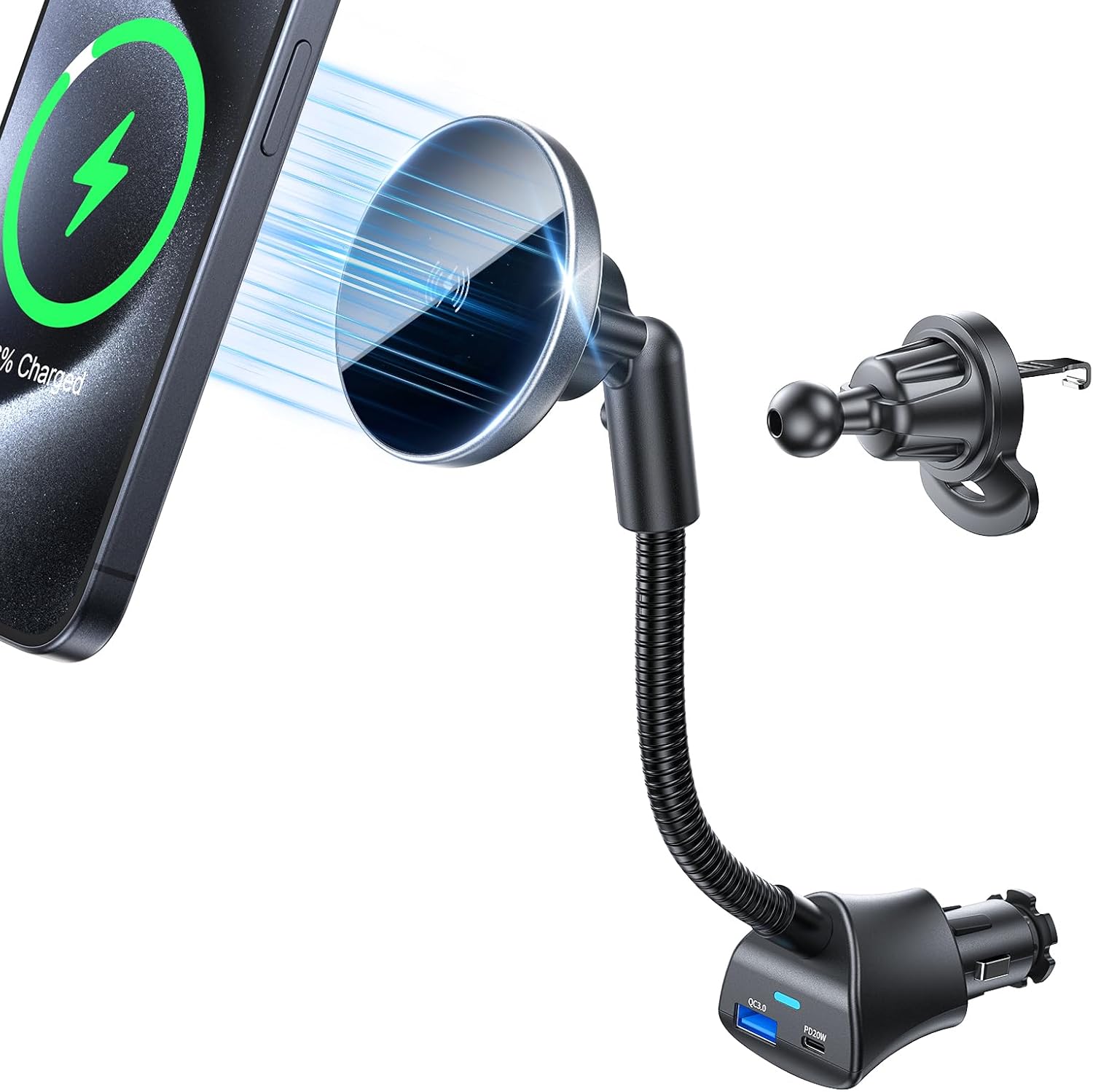 for Car Mount Charger 15W Wireless Car Cigarette Lighter Phone Charger, Cigarette Lighter Phone Mount with Dual Port PD&QC3.0 Fast Charging for iPhone 15 Pro Plus Max 14 13 12