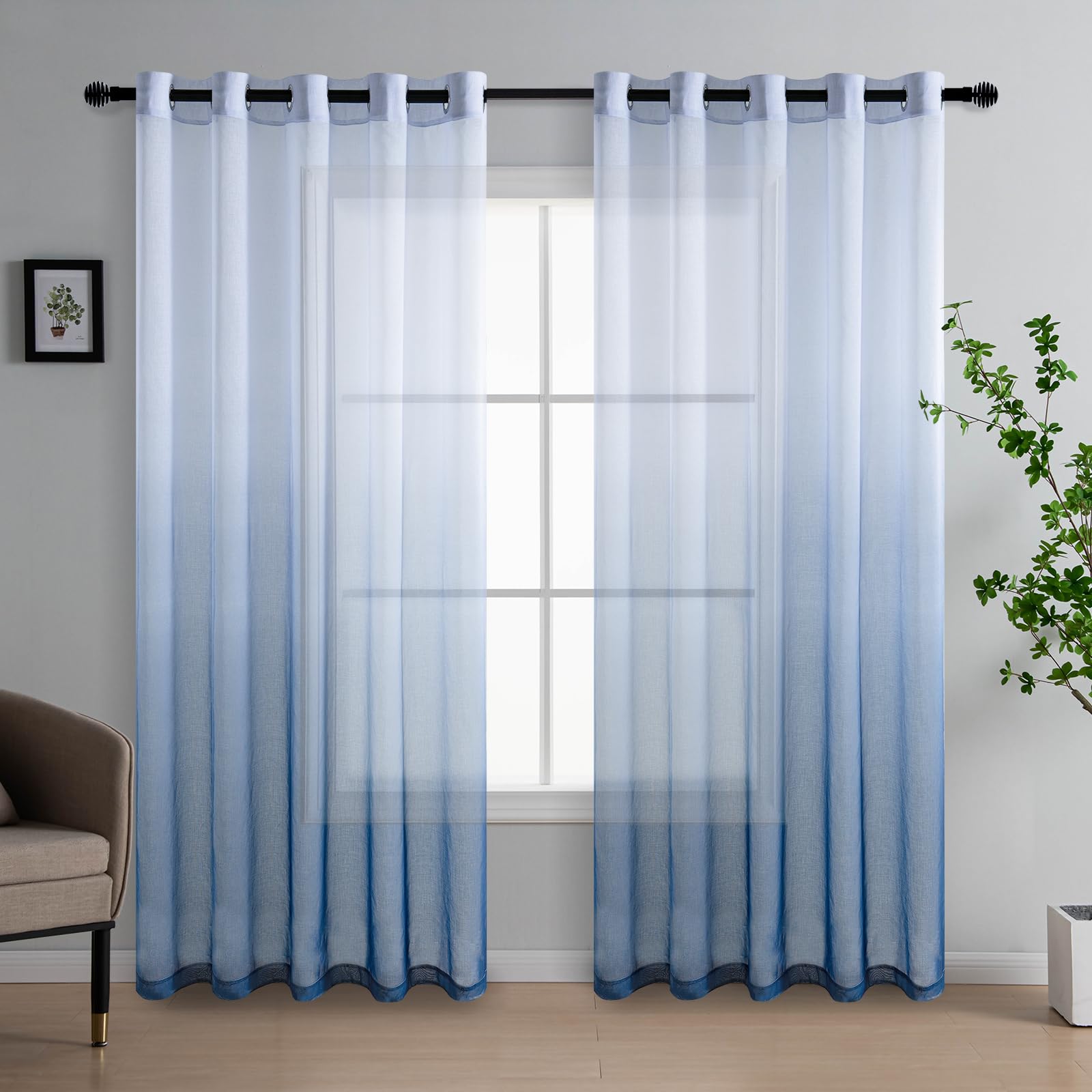 DWCN Blue Gradient Curtains for Living Room Net Curtain Eyelet Voile Curtains 90 Drop Pair Sheer curtains for Bedroom Set of 2, 66 x 90 Inches