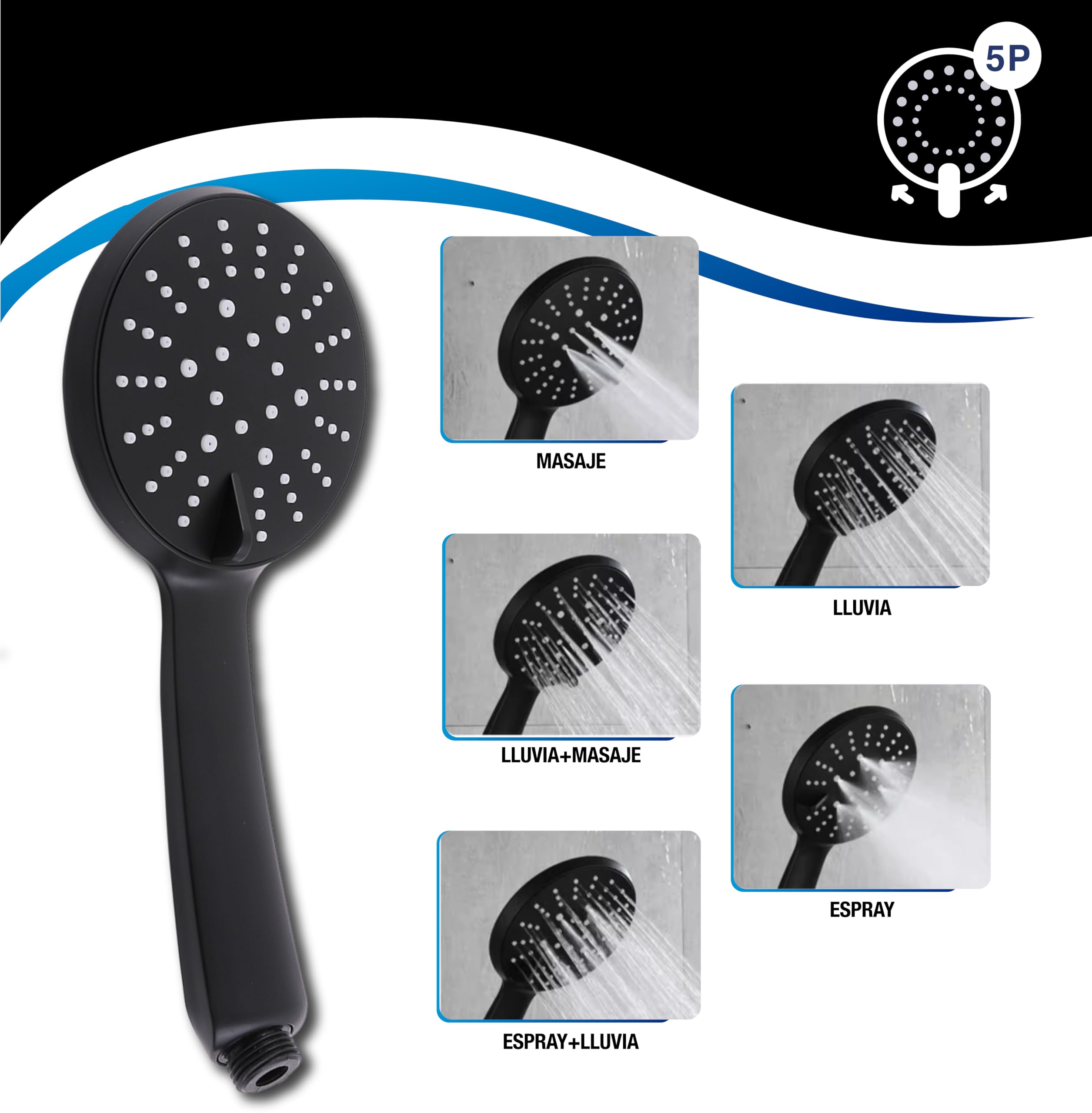 Barra de Ducha Regulable negro mate 70 cm – Conjunto de Ducha en Acero Inoxidable con Alcachofa de Mano 5 Funciones, Manguera Flexible 1,75 m y Soporte Ajustable