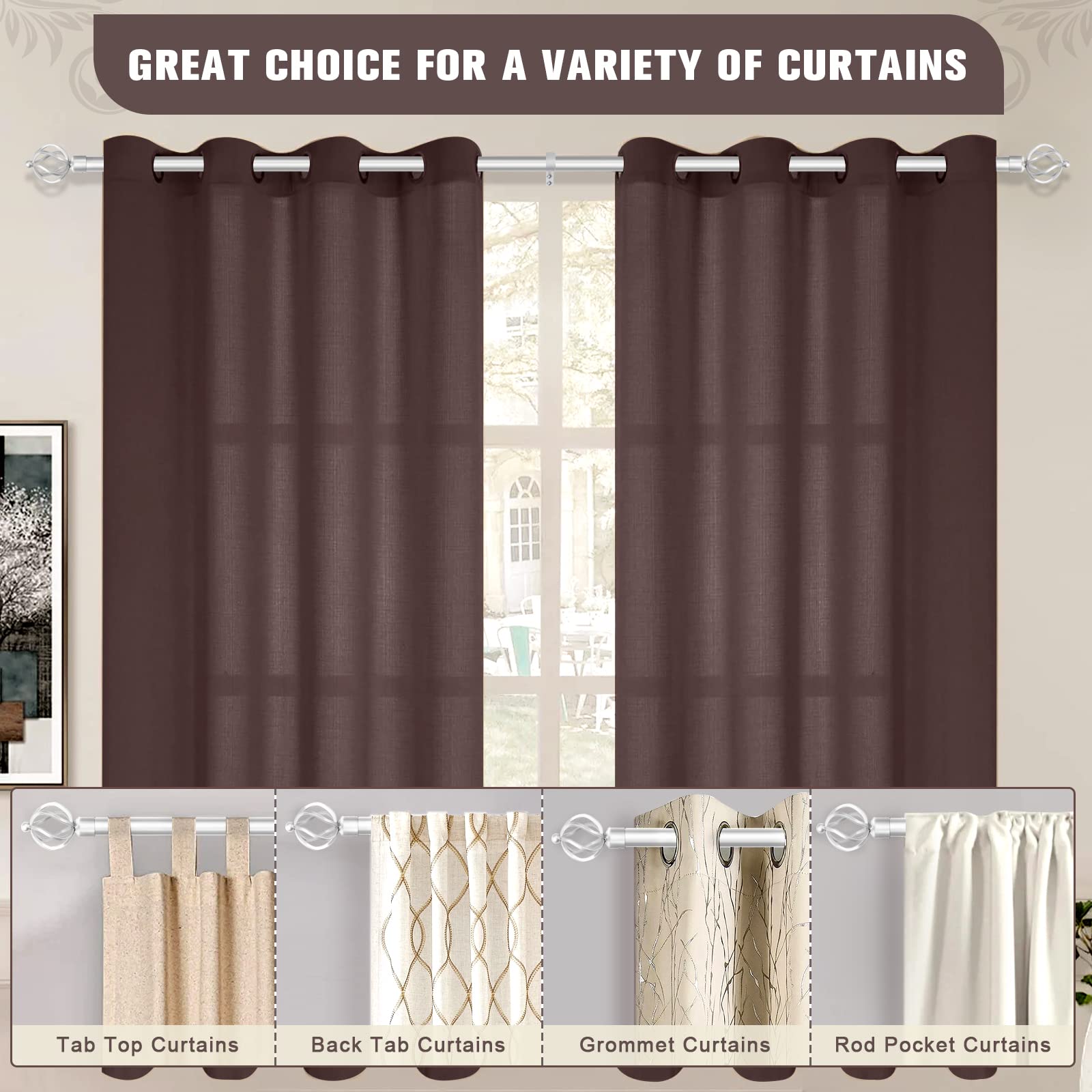 Lepushom Curtain Rods for Windows 22 to 42 Inches, Satin Nickel Curtain Rod, Telescoping Single Drapery Rod (1.8-3.5 Feet), Modern Window Curtain Poles, Twisted Cage Finials, 1 Inch Diameter, 1 Pack