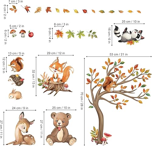 Miniatura 4 de decalmile Calcomanías de pared de árbol de animales del bosque, oso zorro, ciervo, hojas de otoño, calcomanías de pared para habitación de bebé,