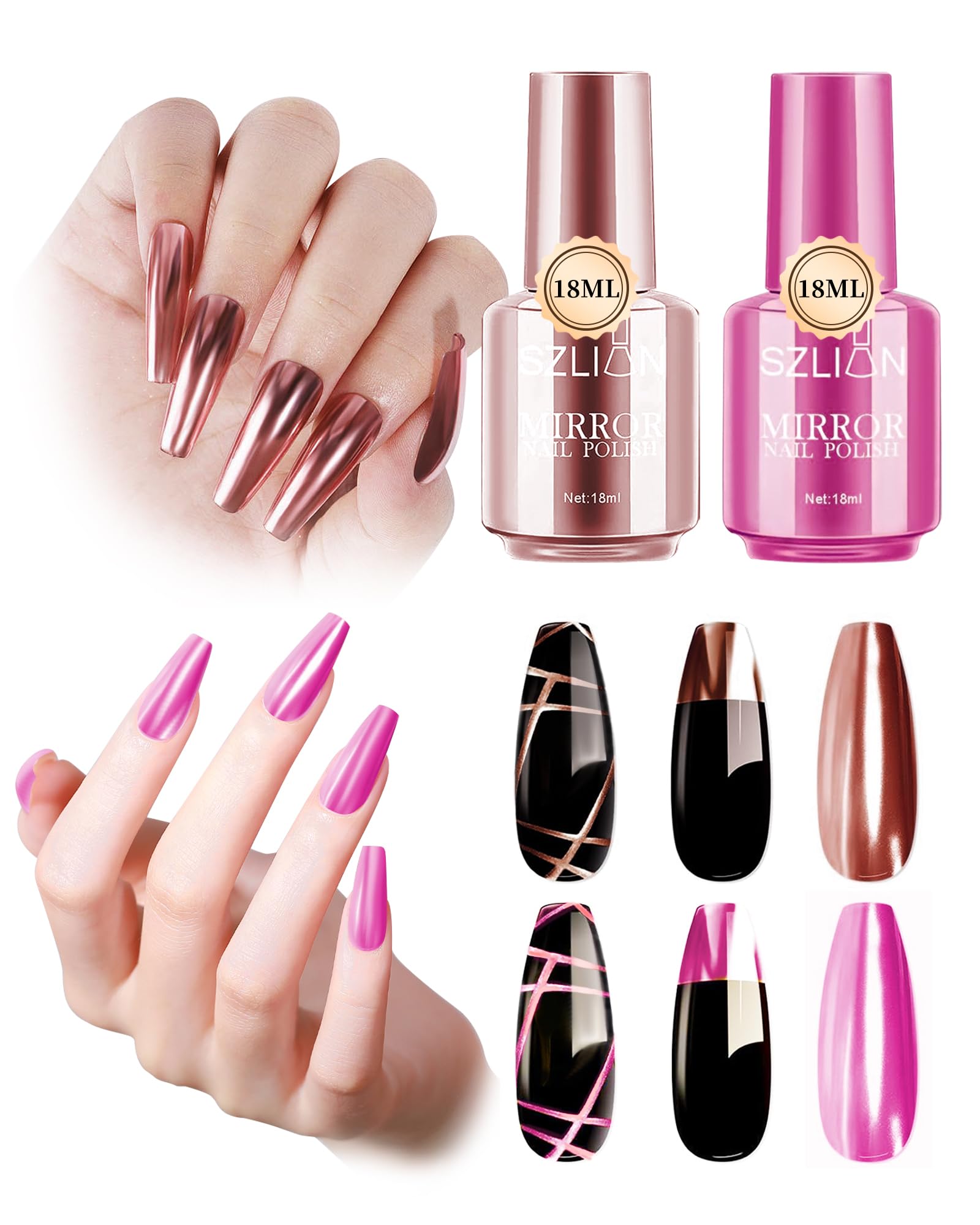 Caedelfly Champagne Rose Gold Metallic Mirror Gel Glue Polish, 2x18ml Holographic Chrome Quick Dry Gel Polish Long Lasting, Gorgeous Reflective Bright