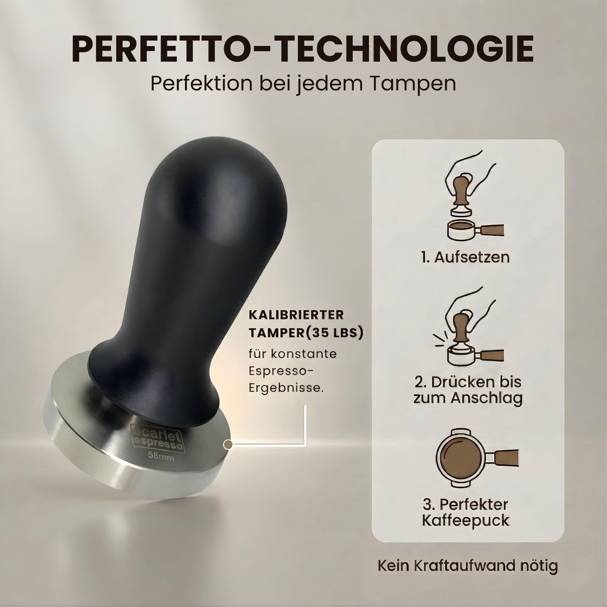 Scarlet espresso Tamper Perfetto - Pression de contact du tampon calibré à 15,8 kg - Poignée ergonomique pour porte-filtre 51 mm Noir
